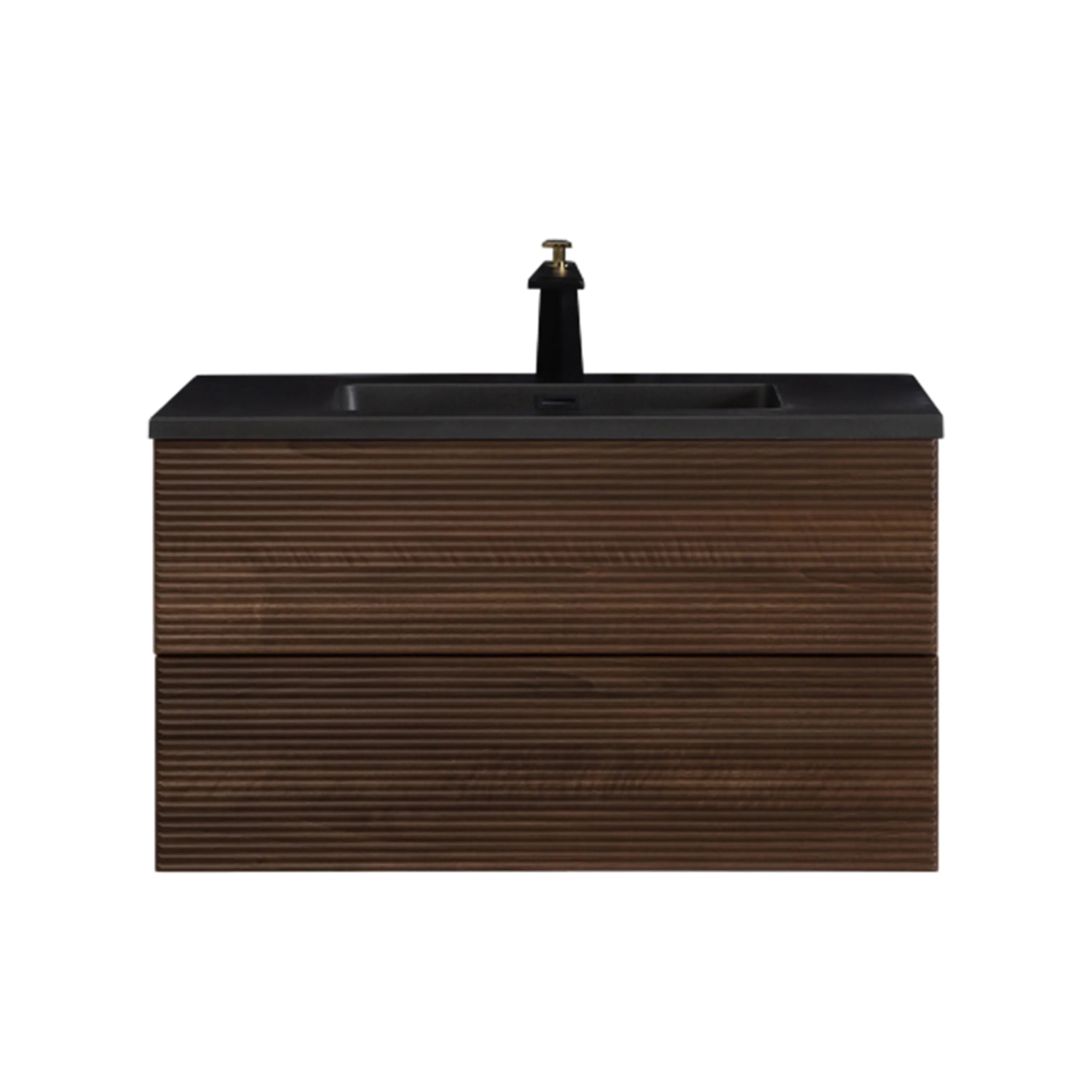 36" Walnut Wall Mount Bathroom Vanity with Black Engineered Quartz Countertop