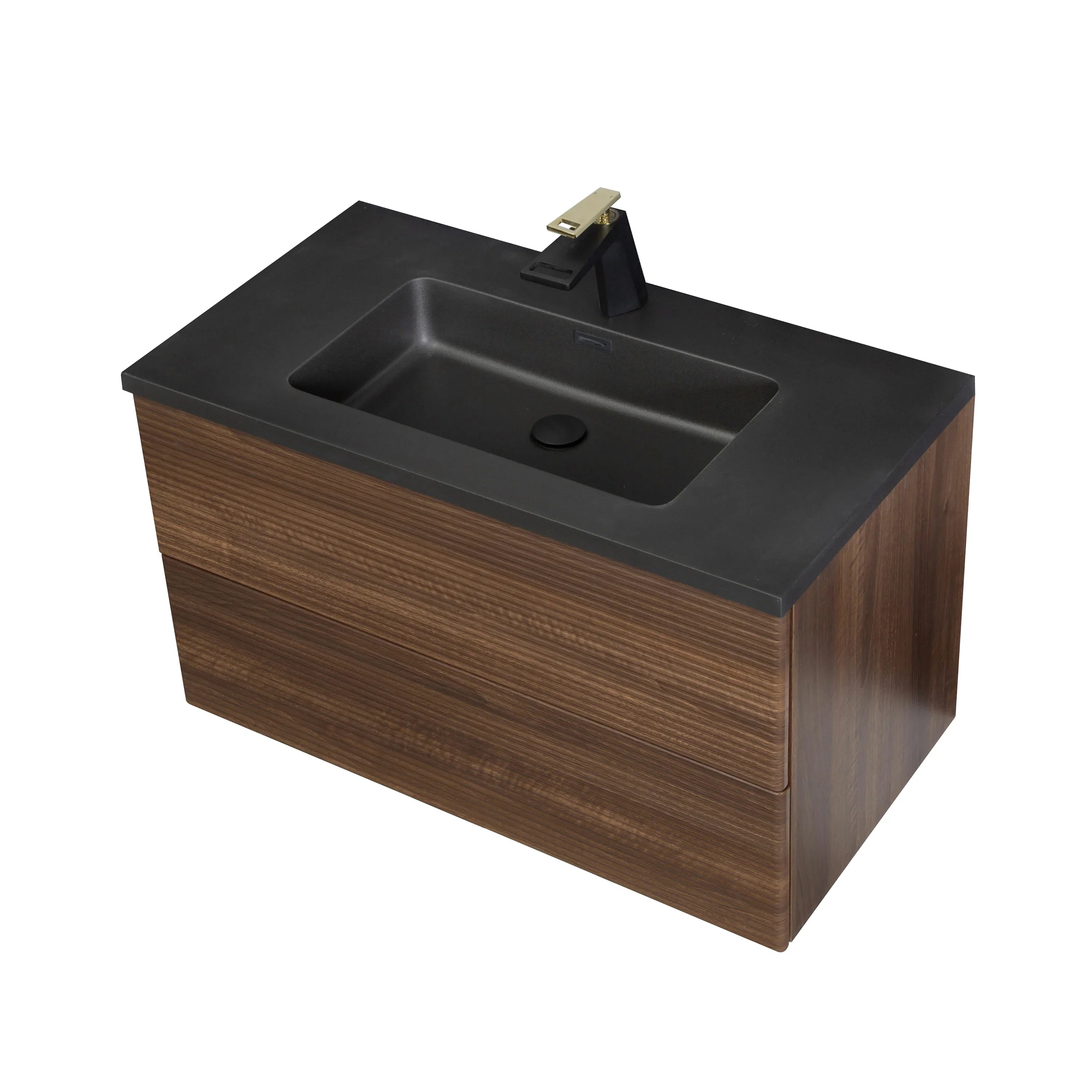 36" Walnut Wall Mount Bathroom Vanity with Black Engineered Quartz Countertop