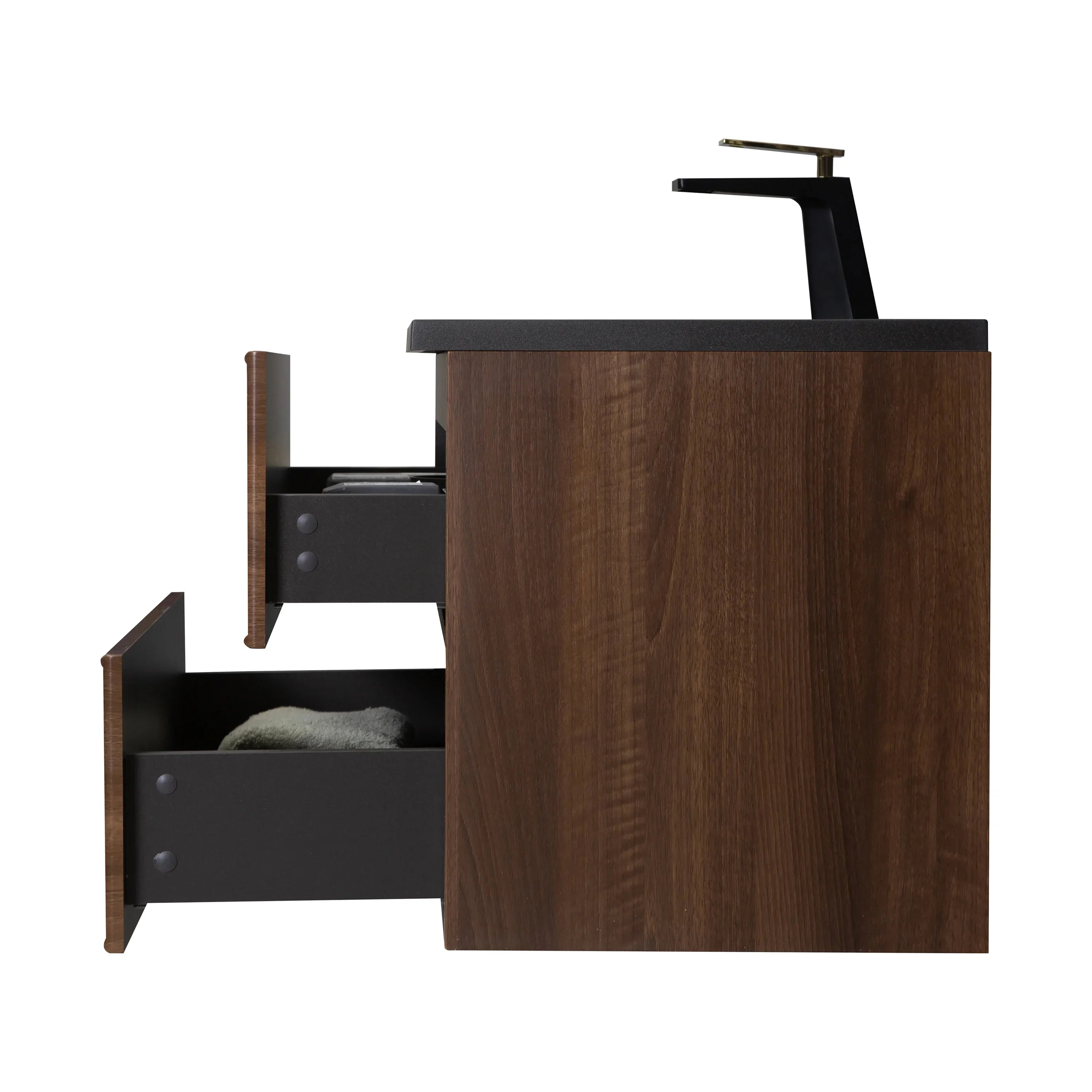 36" Walnut Wall Mount Bathroom Vanity with Black Engineered Quartz Countertop