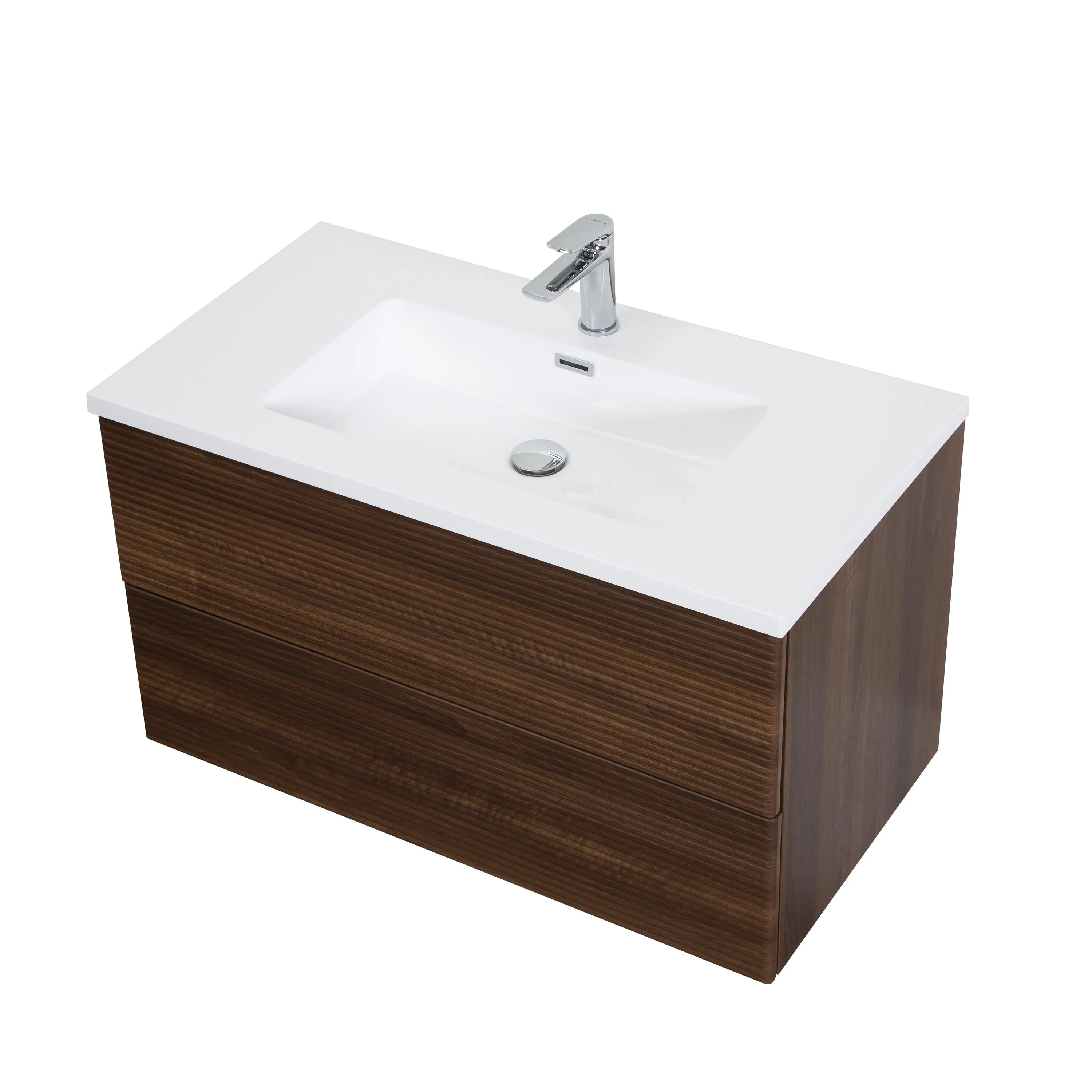 Meuble-Lavabo Mural 36po Noyer avec Comptoir de Polymarbre Blanc