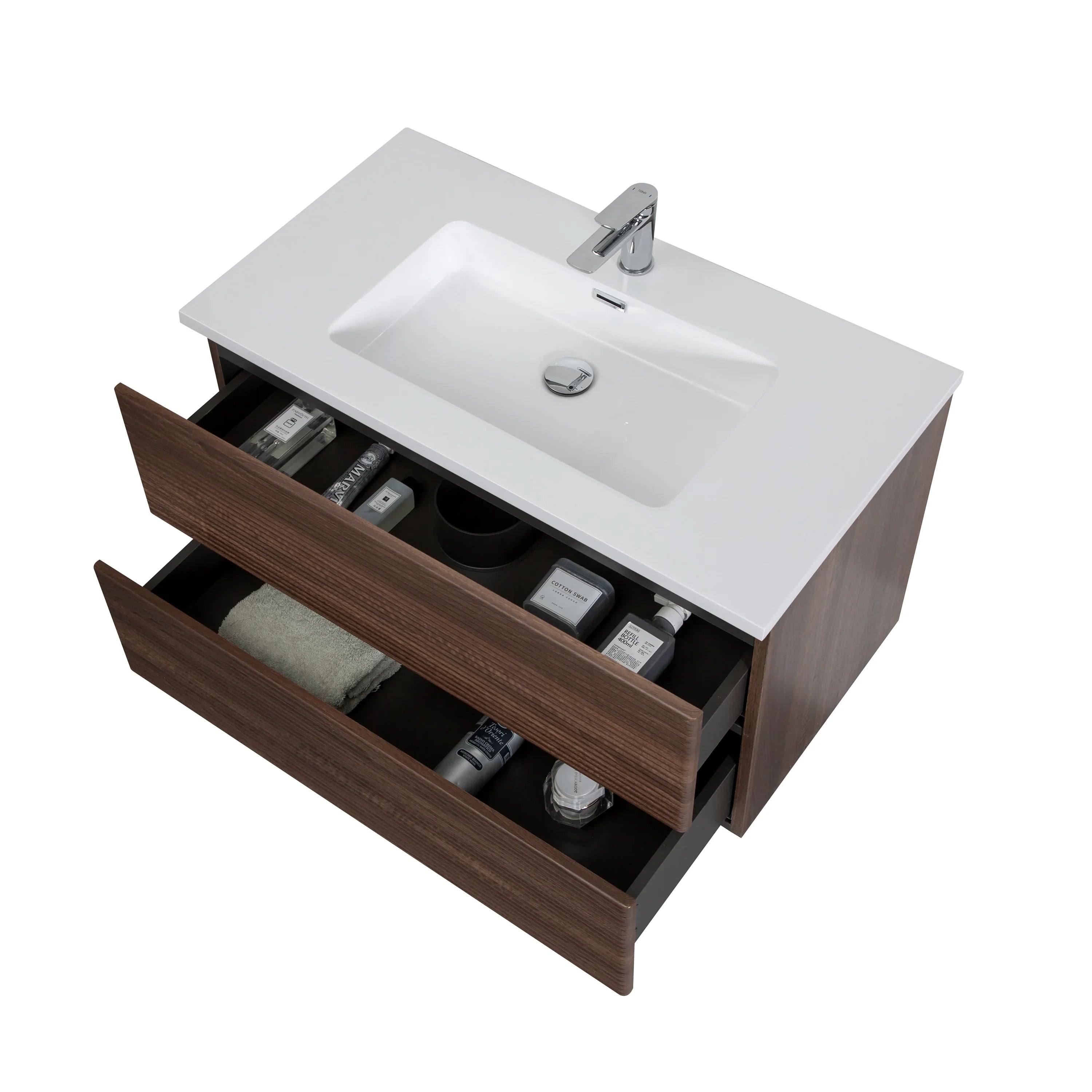 Meuble-Lavabo Mural 36po Noyer avec Comptoir de Polymarbre Blanc
