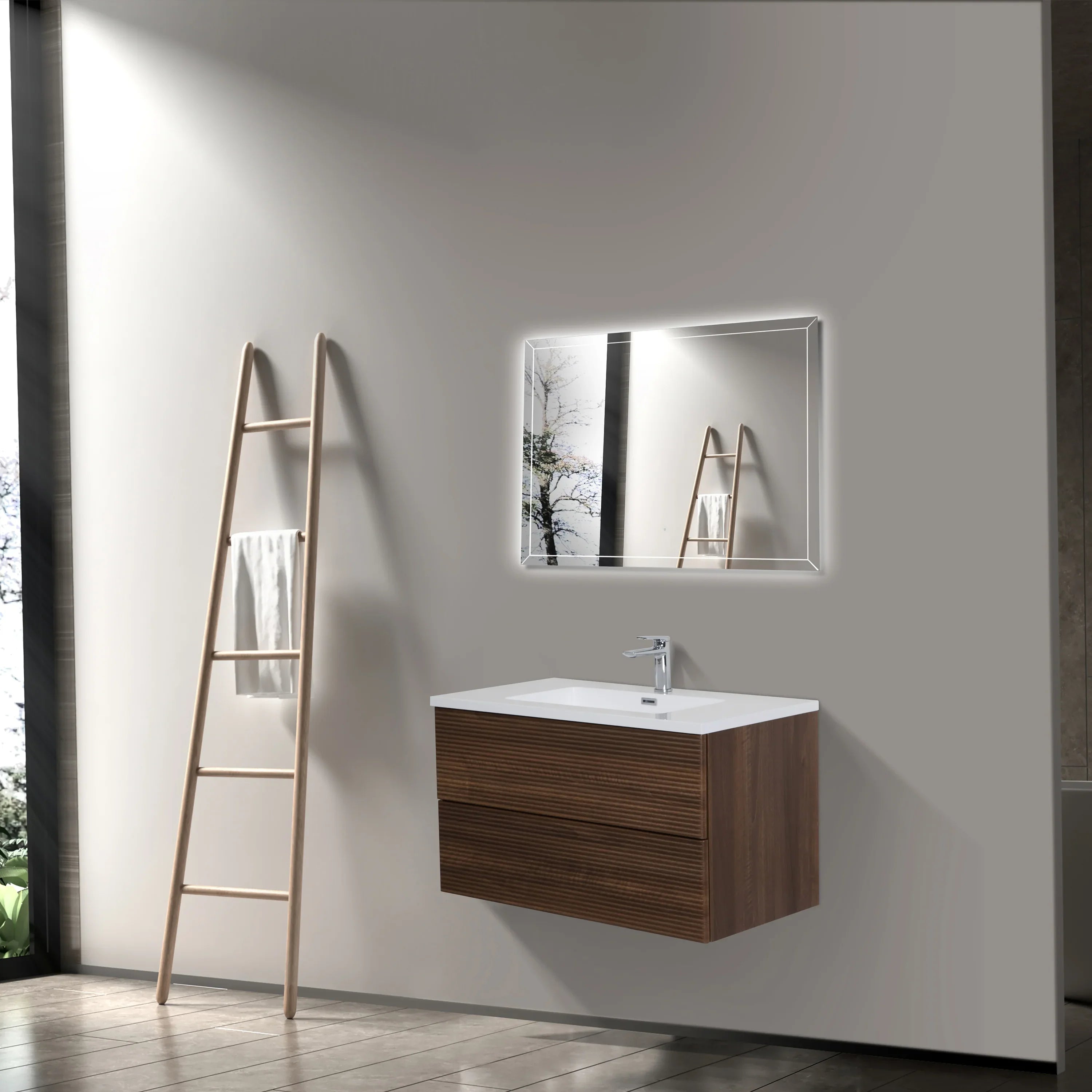 Meuble-Lavabo Mural 36po Noyer avec Comptoir de Polymarbre Blanc