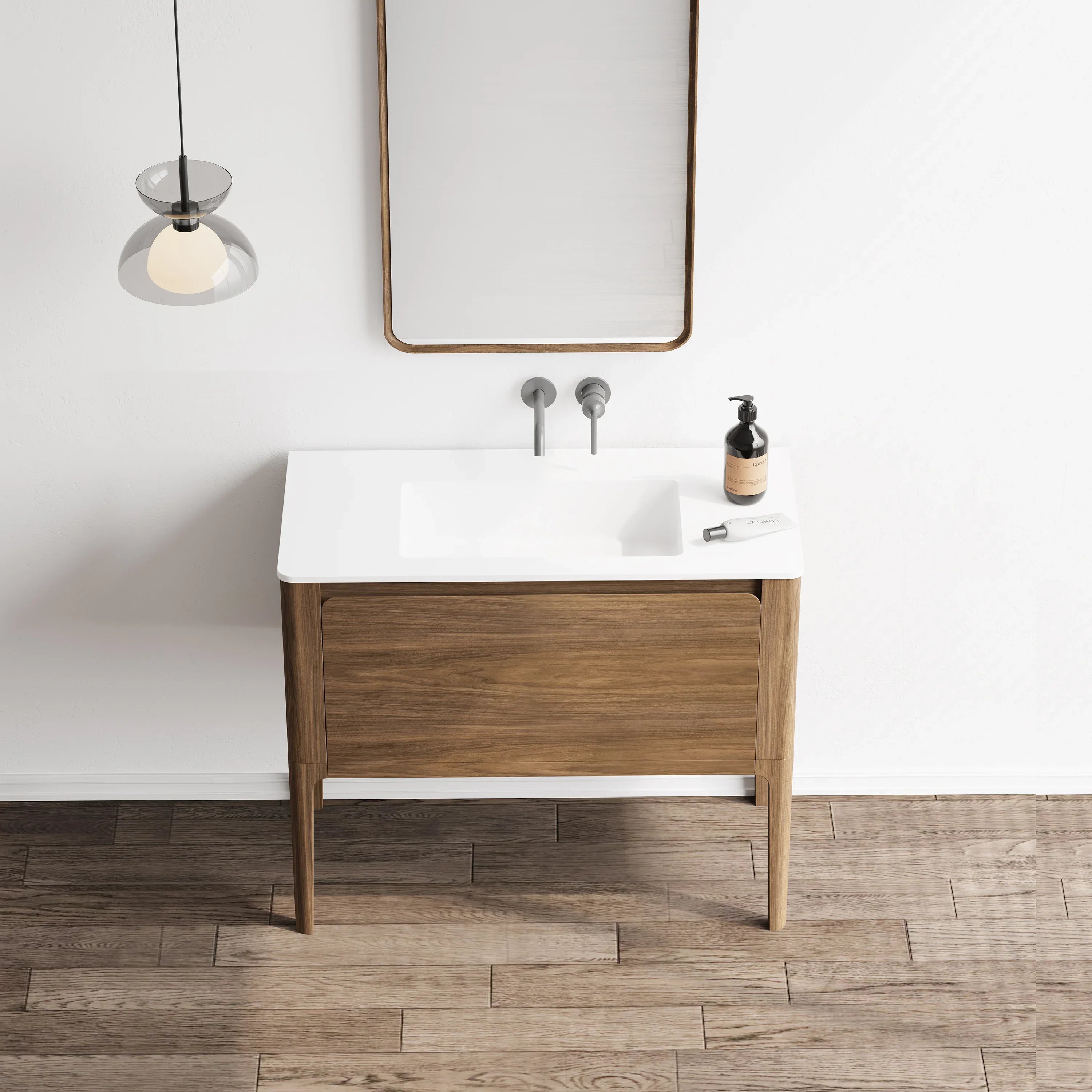 36" Walnut Wall Mount Bathroom Vanity with Matte White Solid Surface Countertop