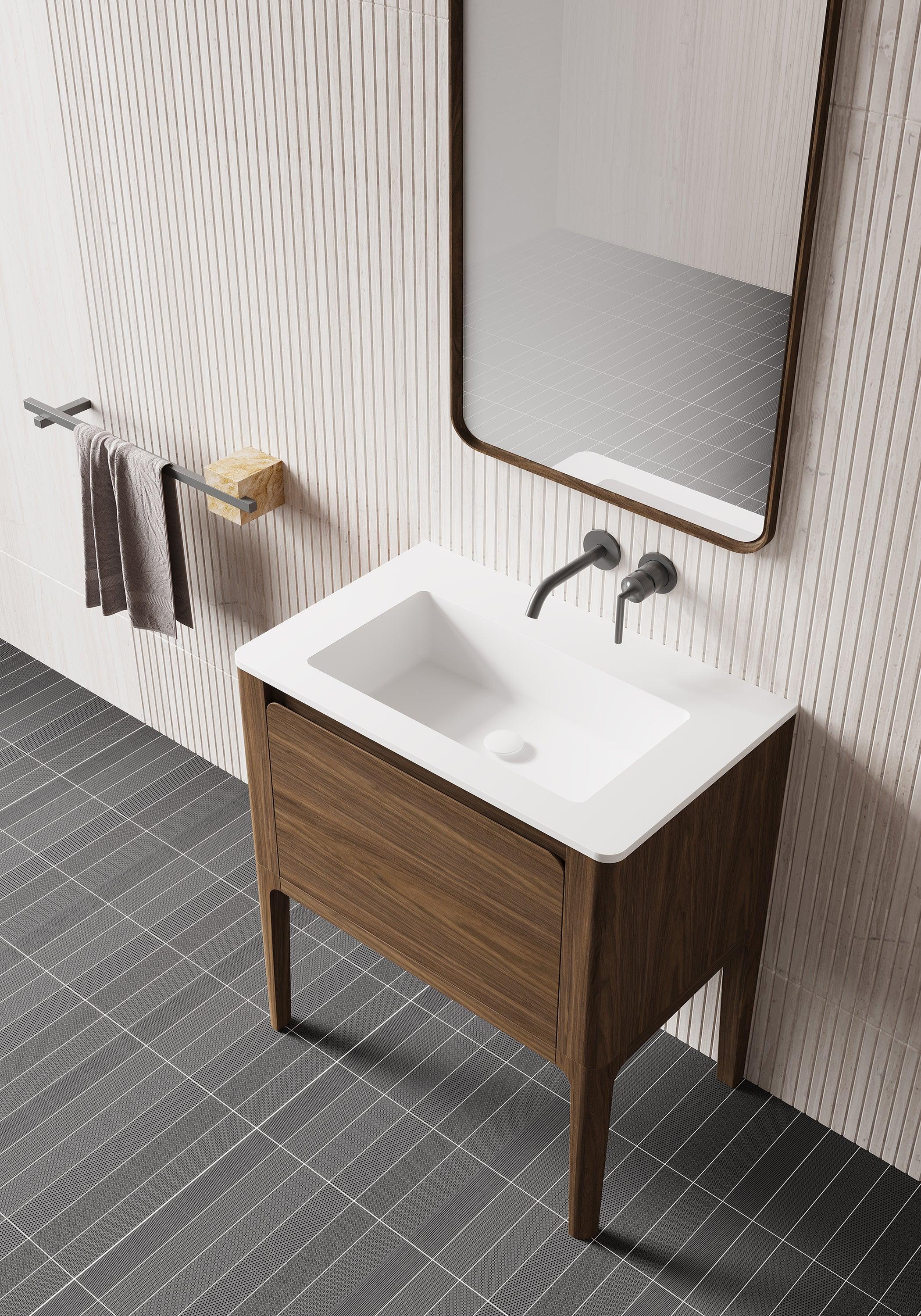 36" Walnut Wall Mount Bathroom Vanity with Matte White Solid Surface Countertop