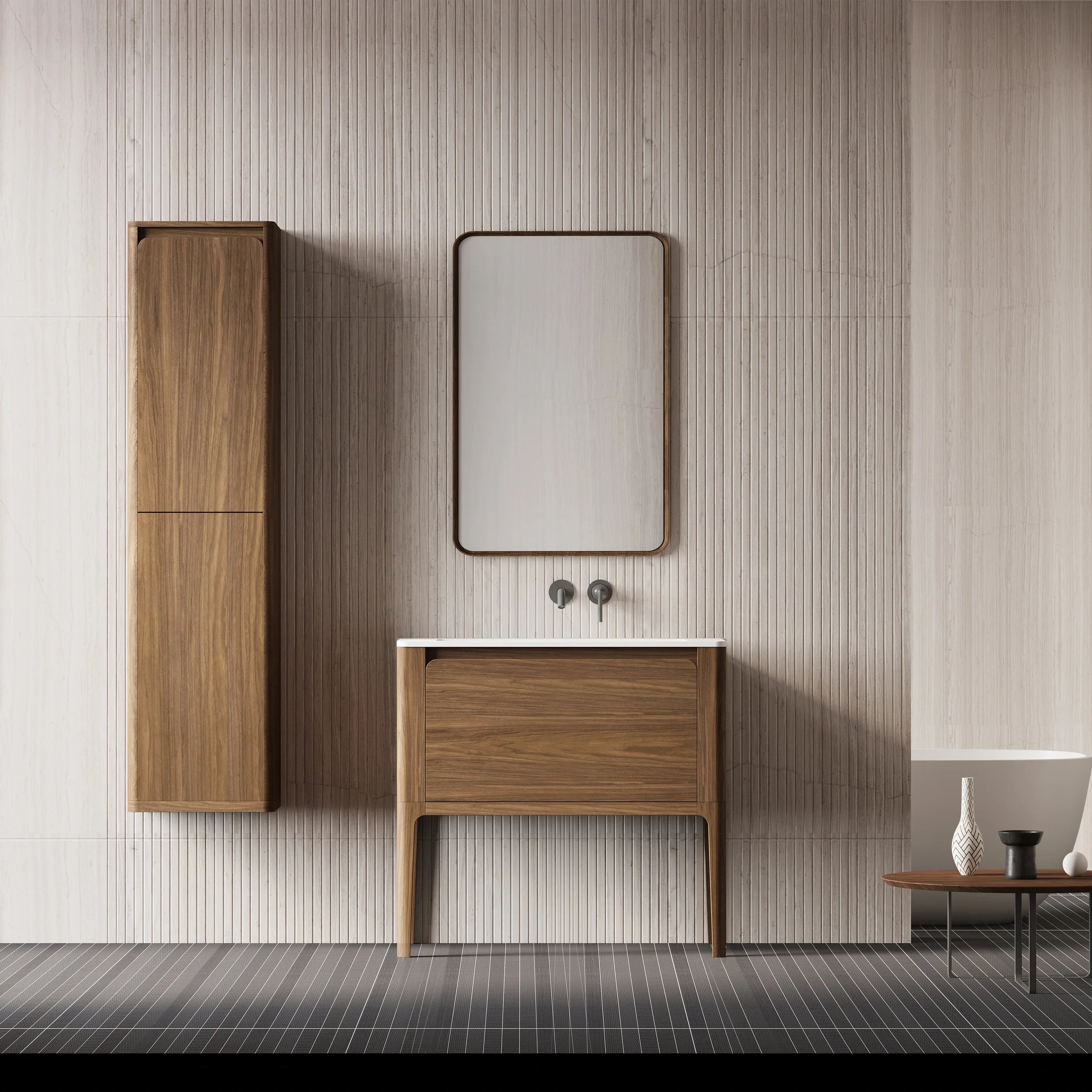 36" Walnut Wall Mount Bathroom Vanity with Matte White Solid Surface Countertop