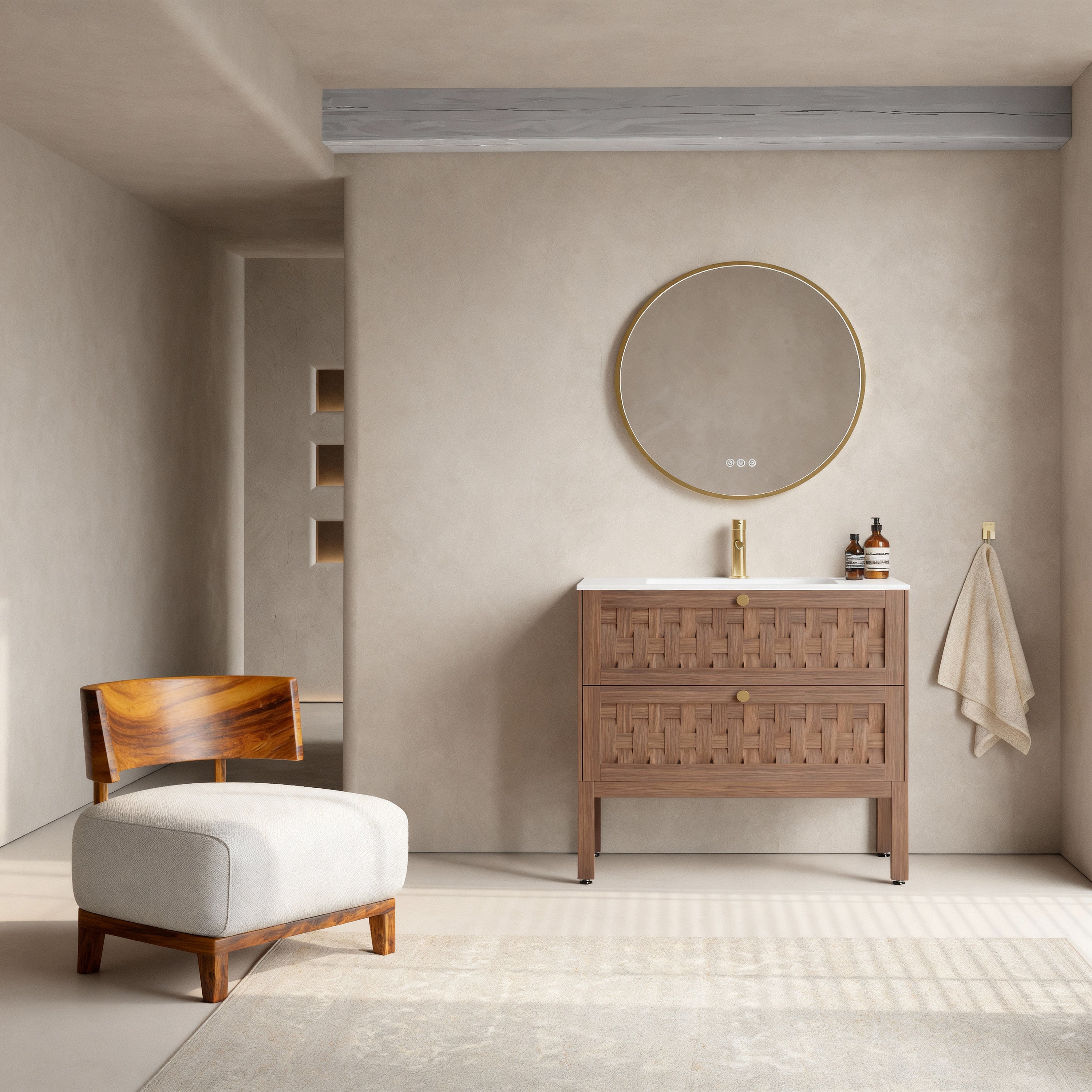 36" Walnut Wall-Mount Single Sink Bathroom Vanity with Matte White Solid Surface Countertop