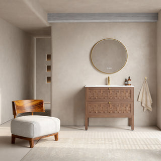 Meuble-lavabo mural en noyer de 36 po avec comptoir en surface solide blanc mat, collection Toulouse