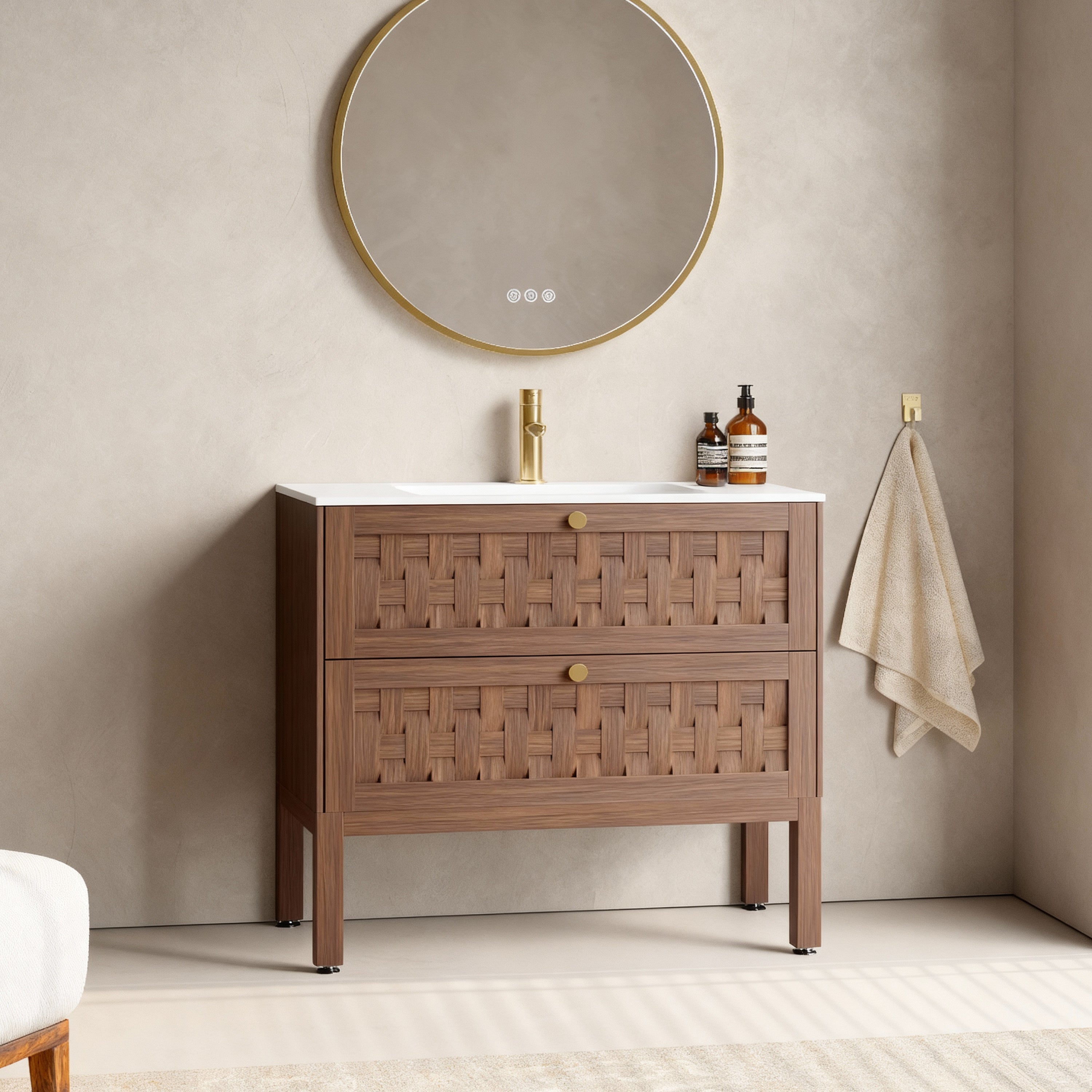 36" Walnut Wall-Mount Single Sink Bathroom Vanity with Matte White Solid Surface Countertop