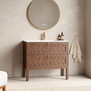 Meuble-lavabo mural en noyer de 36 po avec comptoir en surface solide blanc mat, collection Toulouse