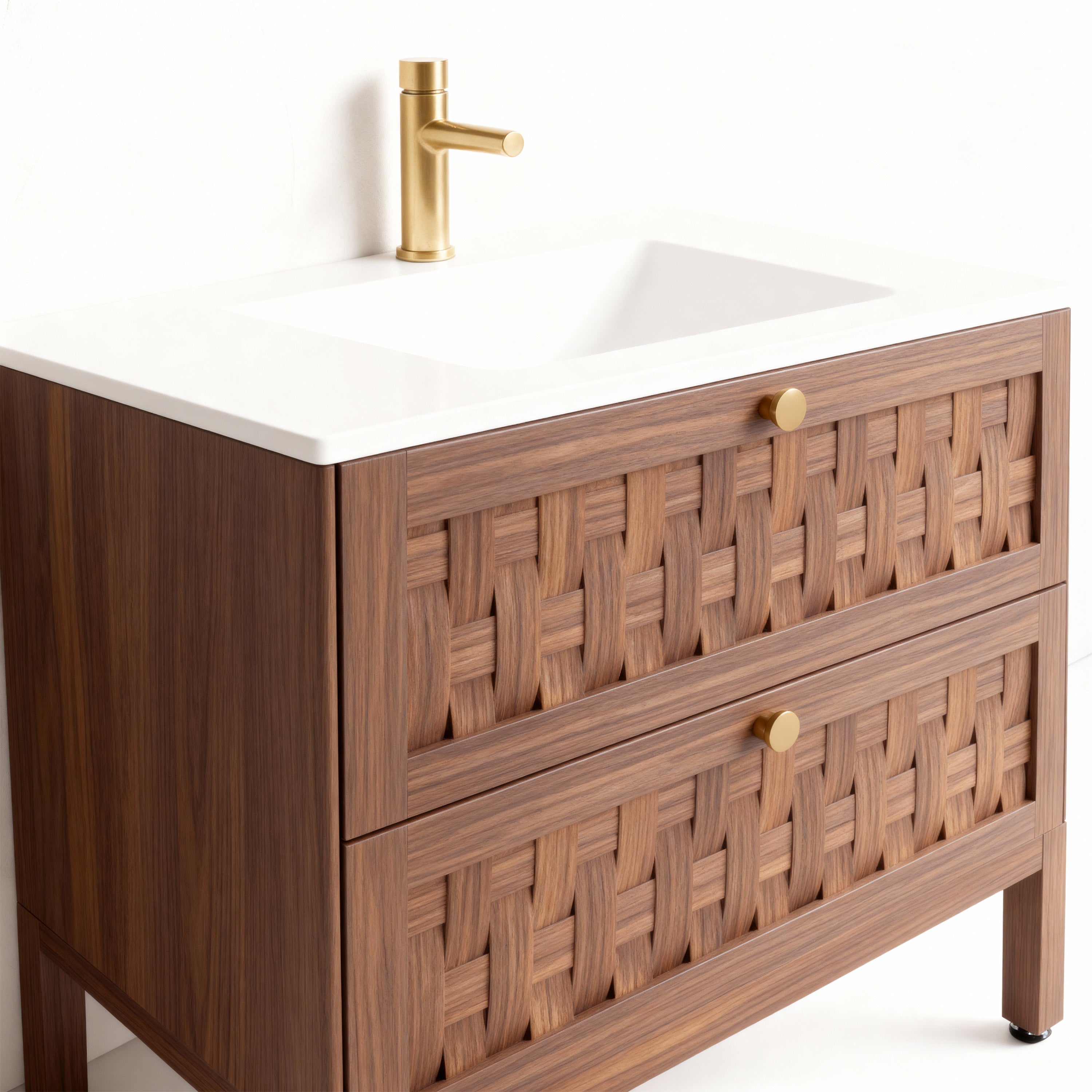 36" Walnut Wall-Mount Single Sink Bathroom Vanity with Matte White Solid Surface Countertop