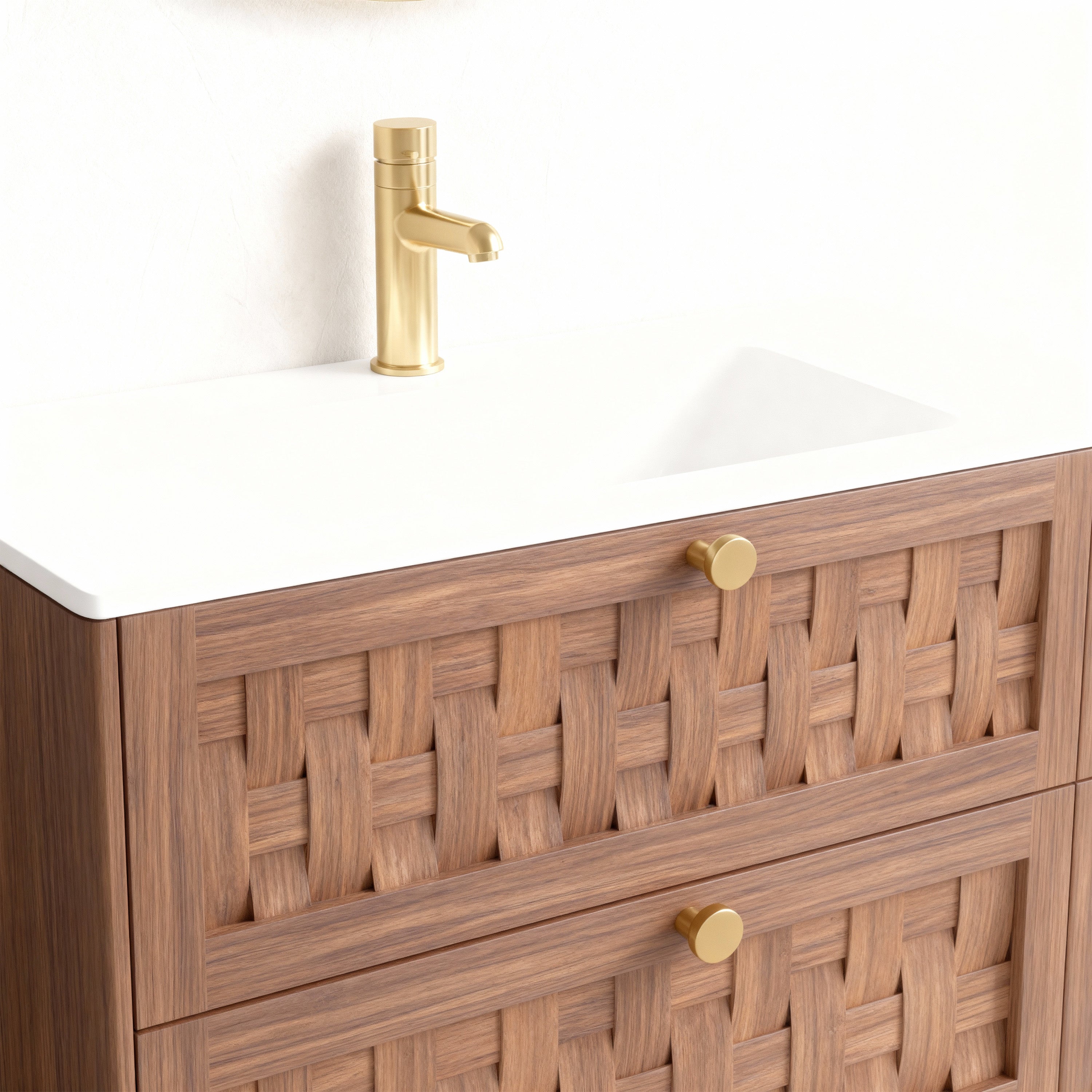 36" Walnut Wall-Mount Single Sink Bathroom Vanity with Matte White Solid Surface Countertop