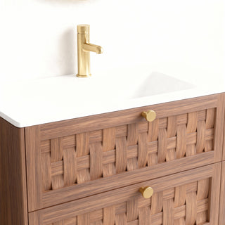 Meuble-lavabo mural en noyer de 36 po avec comptoir en surface solide blanc mat, collection Toulouse