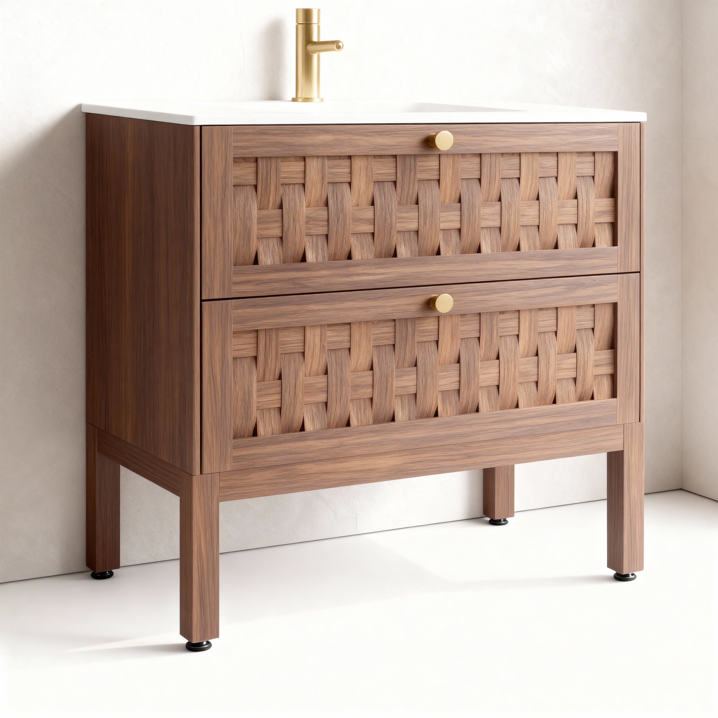 36" Walnut Wall-Mount Single Sink Bathroom Vanity with Matte White Solid Surface Countertop