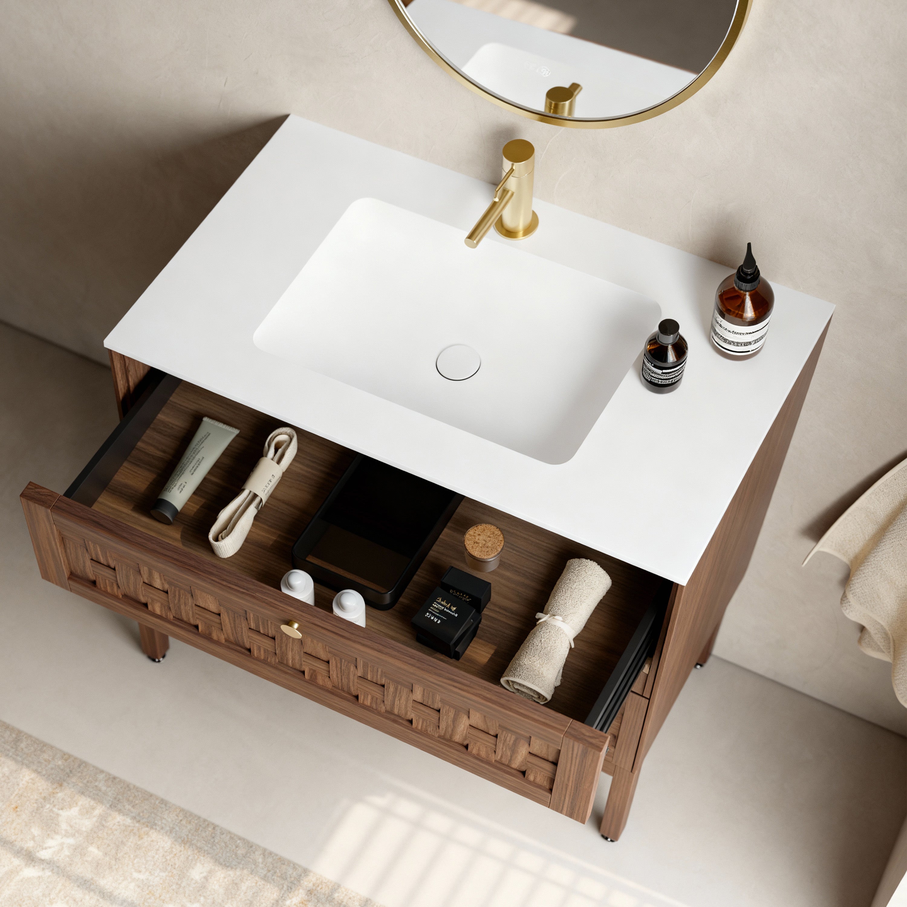 36" Walnut Wall-Mount Single Sink Bathroom Vanity with Matte White Solid Surface Countertop