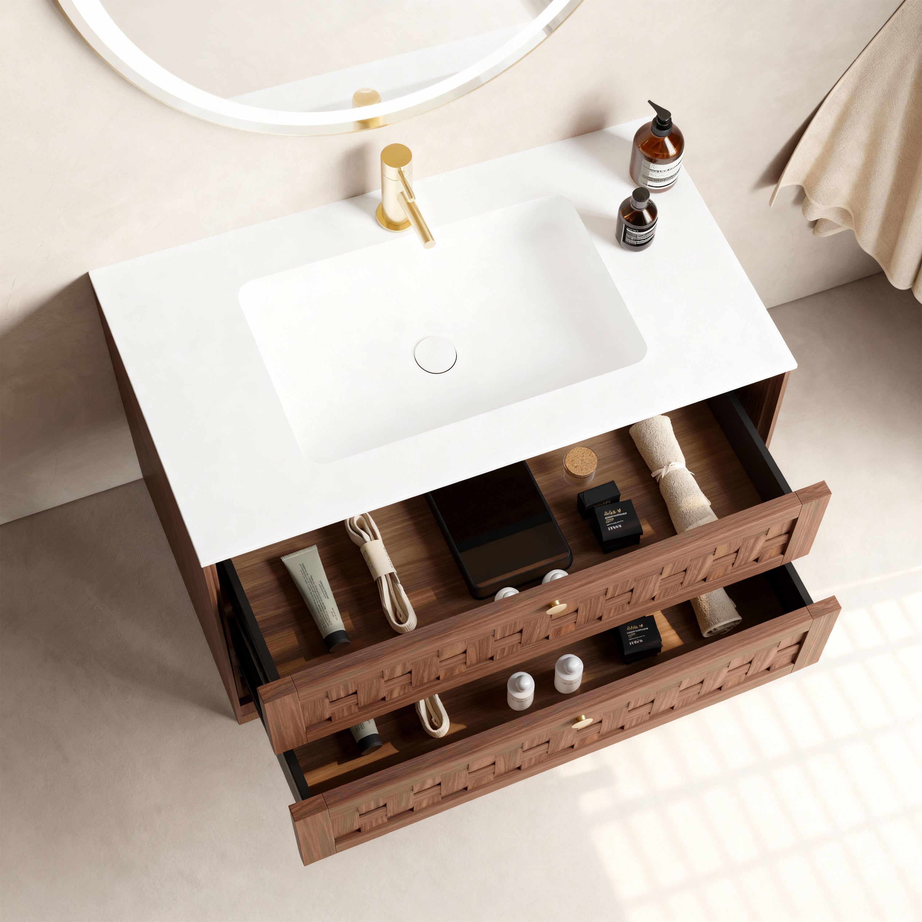 36" Walnut Wall-Mount Single Sink Bathroom Vanity with Matte White Solid Surface Countertop