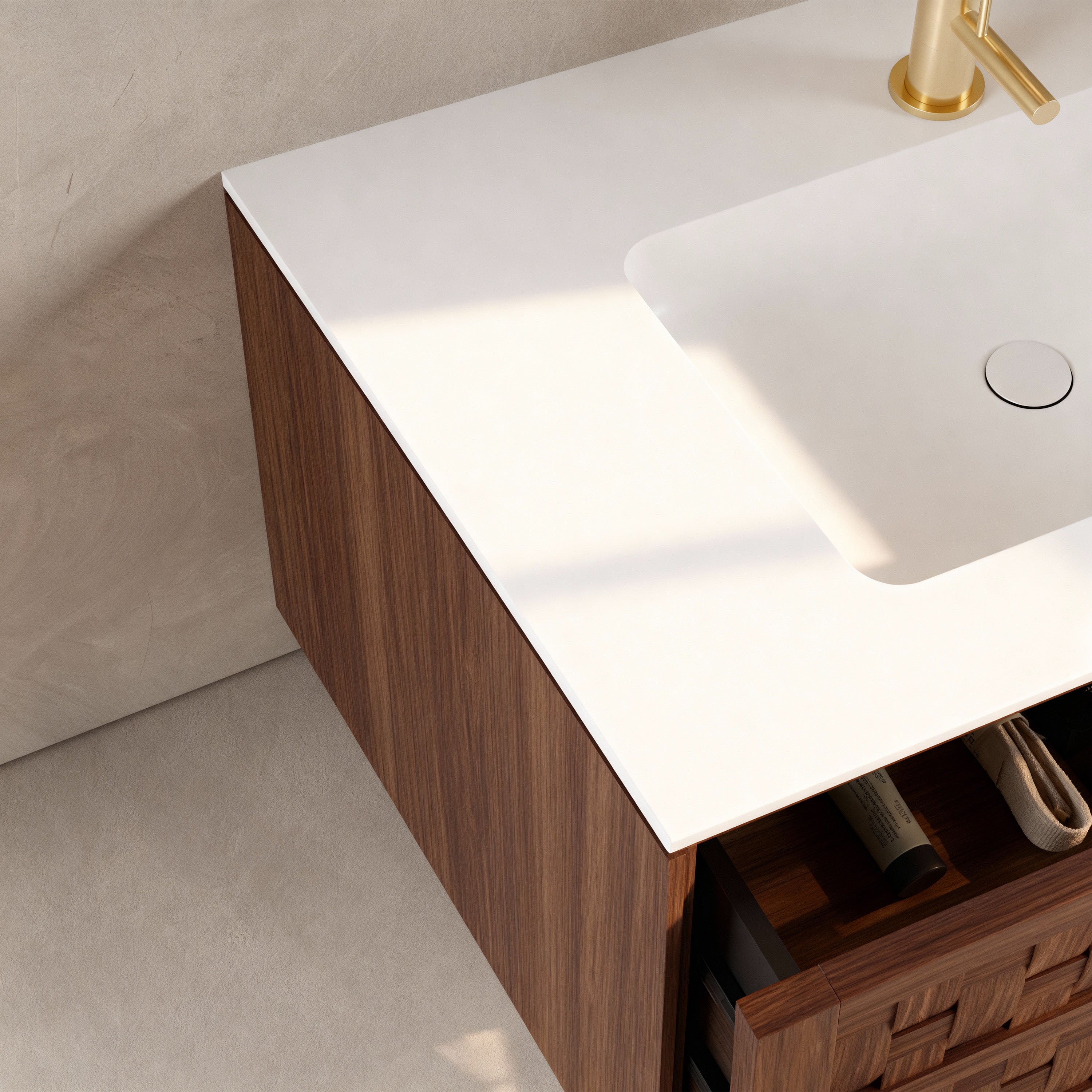 36" Walnut Wall-Mount Single Sink Bathroom Vanity with Matte White Solid Surface Countertop