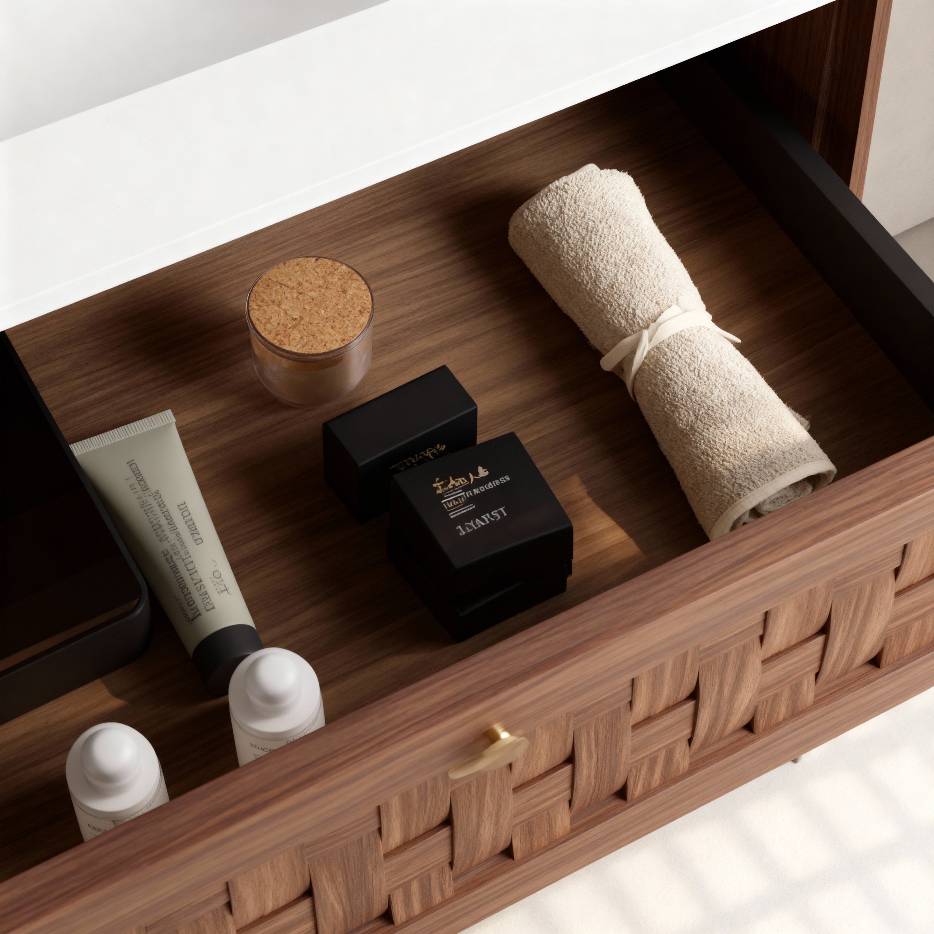 36" Walnut Wall-Mount Single Sink Bathroom Vanity with Matte White Solid Surface Countertop