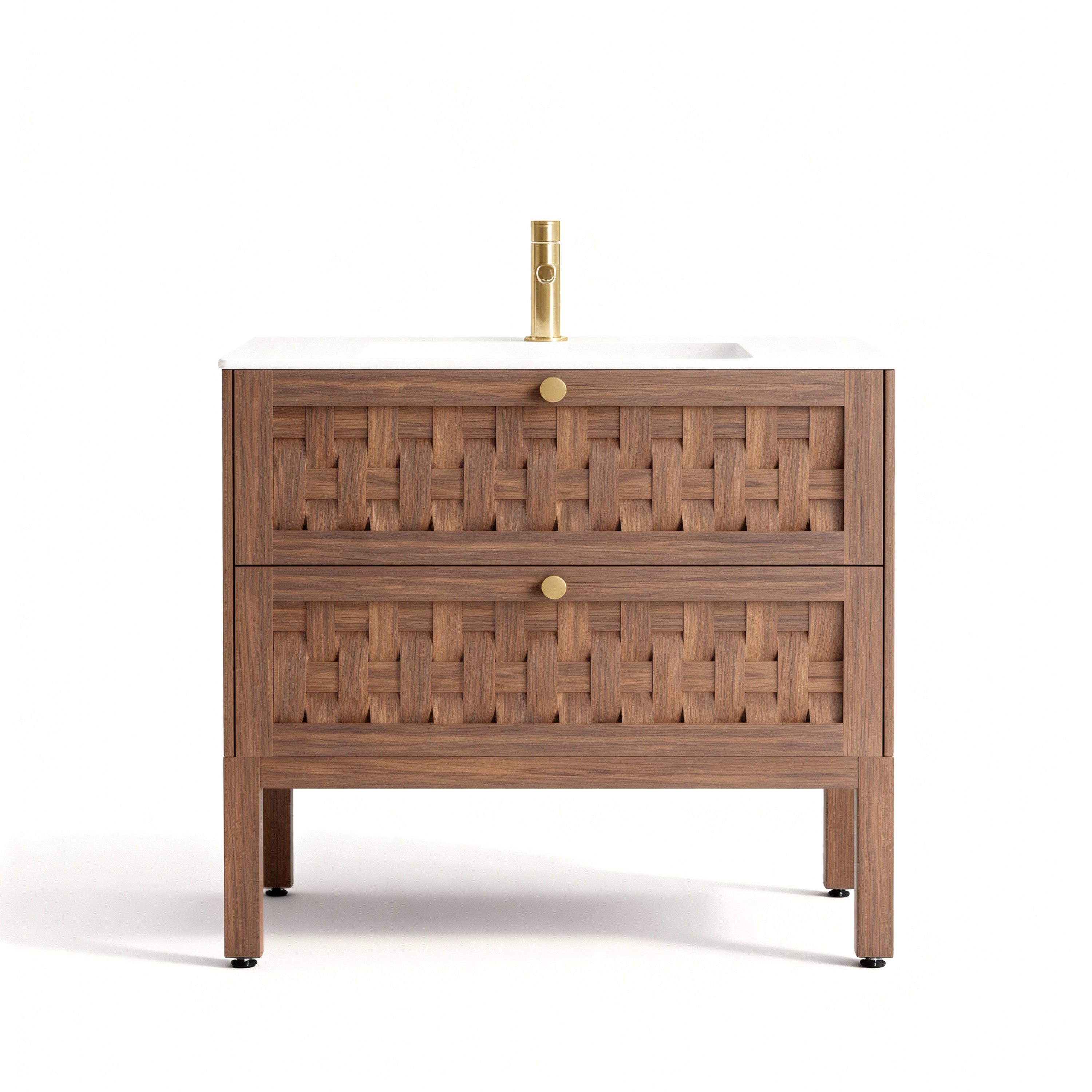 36" Walnut Wall-Mount Single Sink Bathroom Vanity with Matte White Solid Surface Countertop