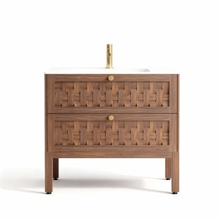 Meuble-lavabo mural en noyer de 36 po avec comptoir en surface solide blanc mat, collection Toulouse