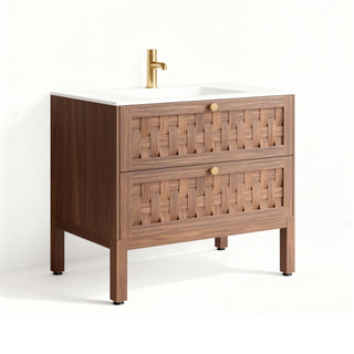 Meuble-lavabo mural en noyer de 36 po avec comptoir en surface solide blanc mat, collection Toulouse