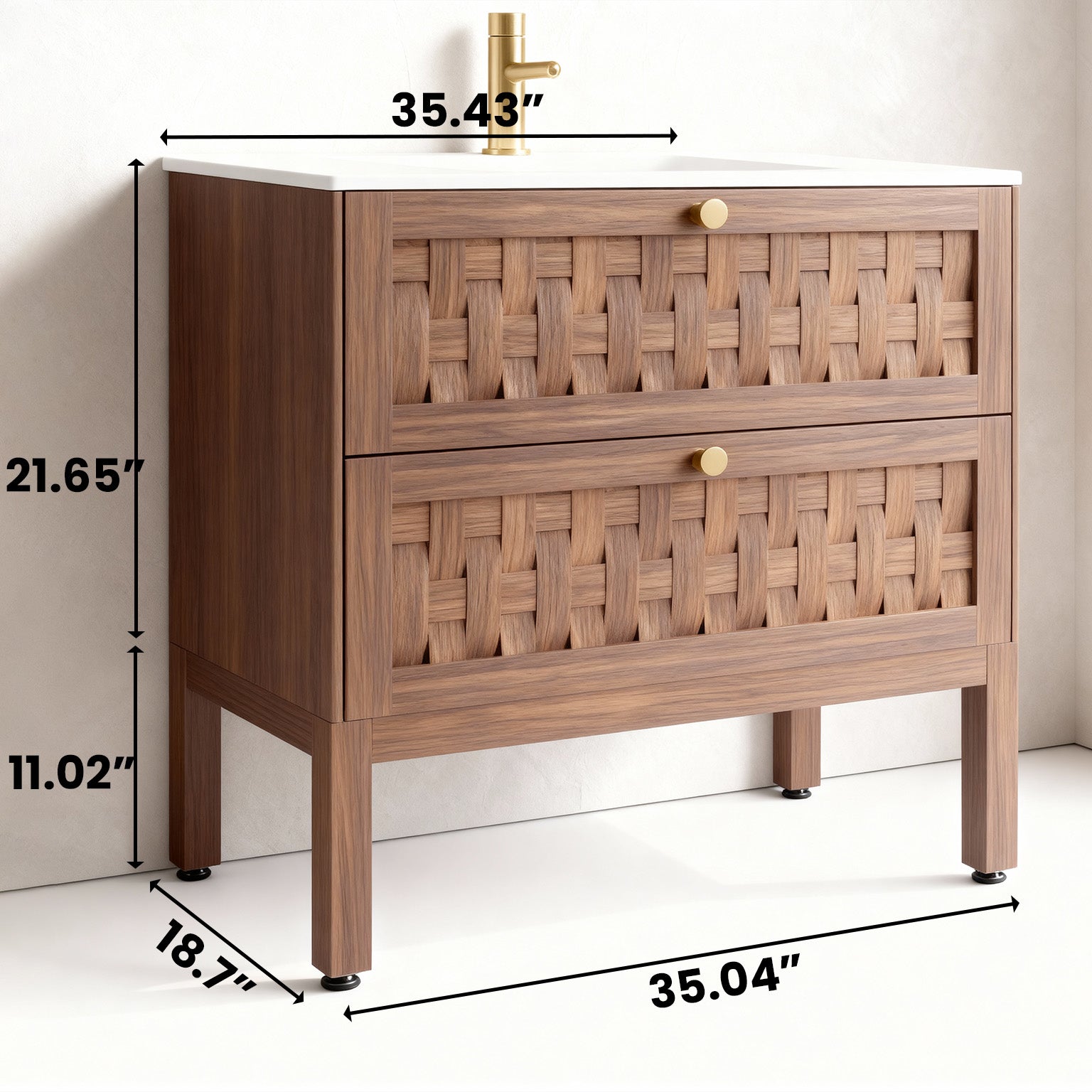 36" Walnut Wall-Mount Single Sink Bathroom Vanity with Matte White Solid Surface Countertop