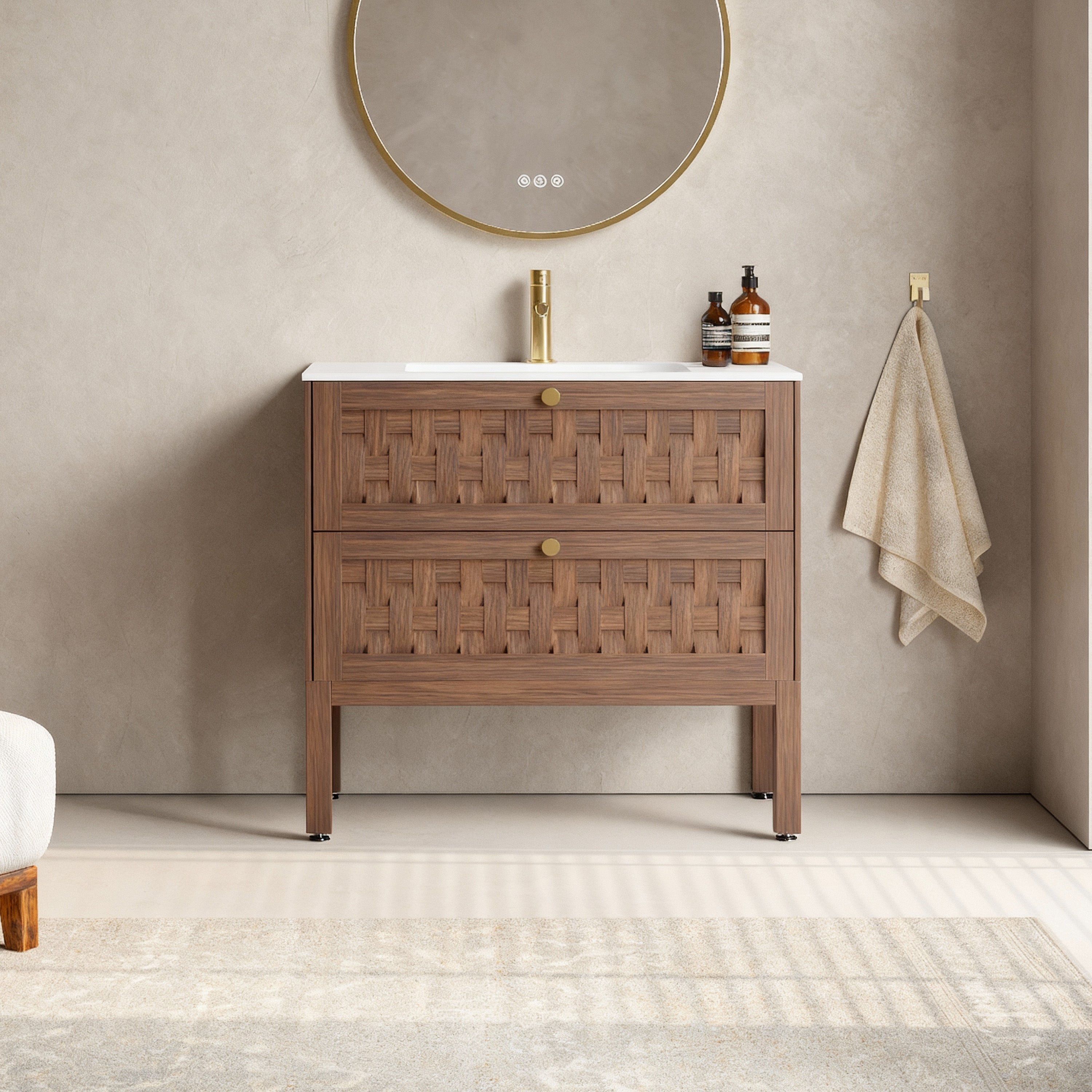 36" Walnut Wall-Mount Single Sink Bathroom Vanity with Matte White Solid Surface Countertop