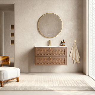 Meuble-lavabo mural en noyer de 36 po avec comptoir en surface solide blanc mat, collection Toulouse