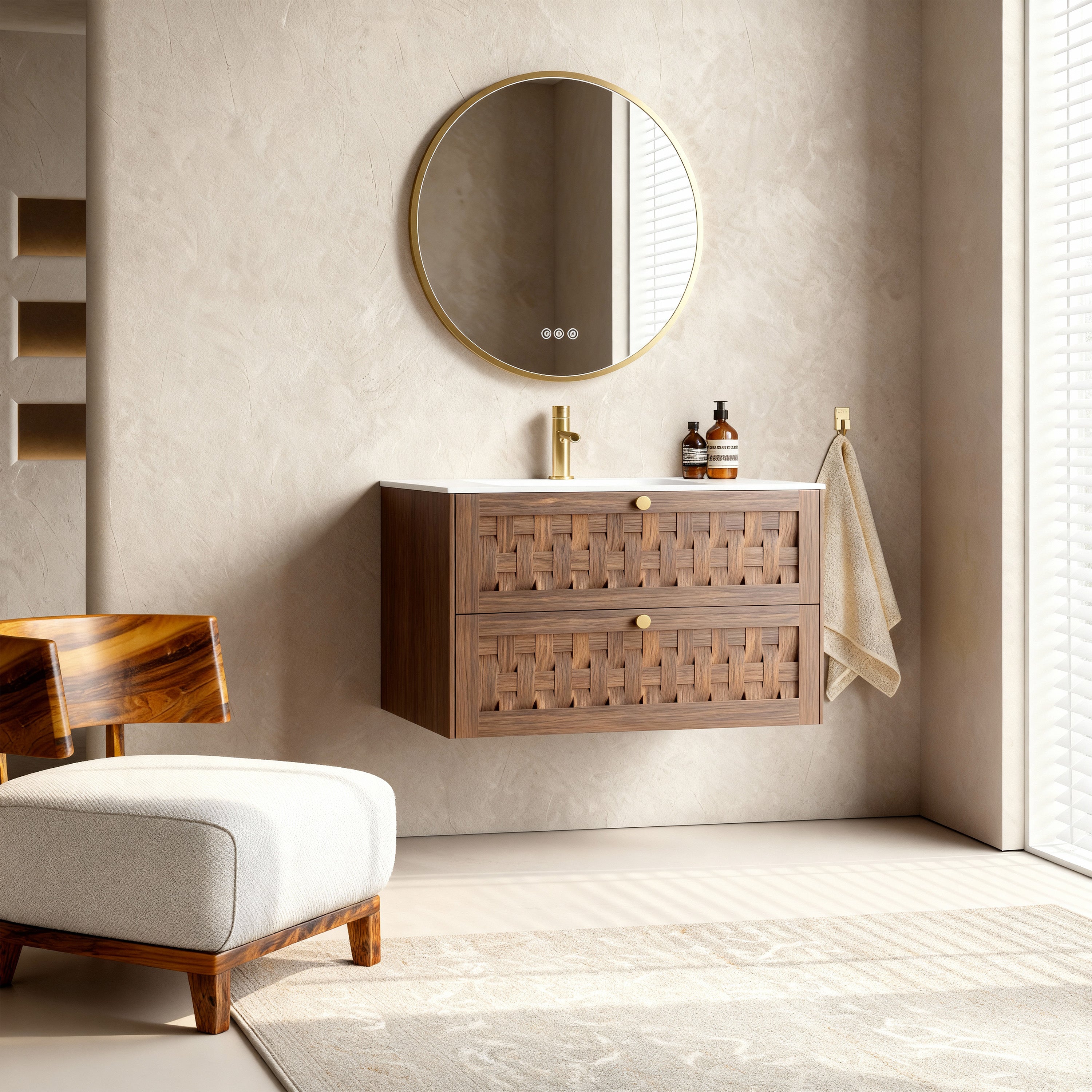 36" Walnut Wall-Mount Single Sink Bathroom Vanity with Matte White Solid Surface Countertop