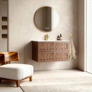 Meuble-lavabo mural en noyer de 36 po avec comptoir en surface solide blanc mat, collection Toulouse