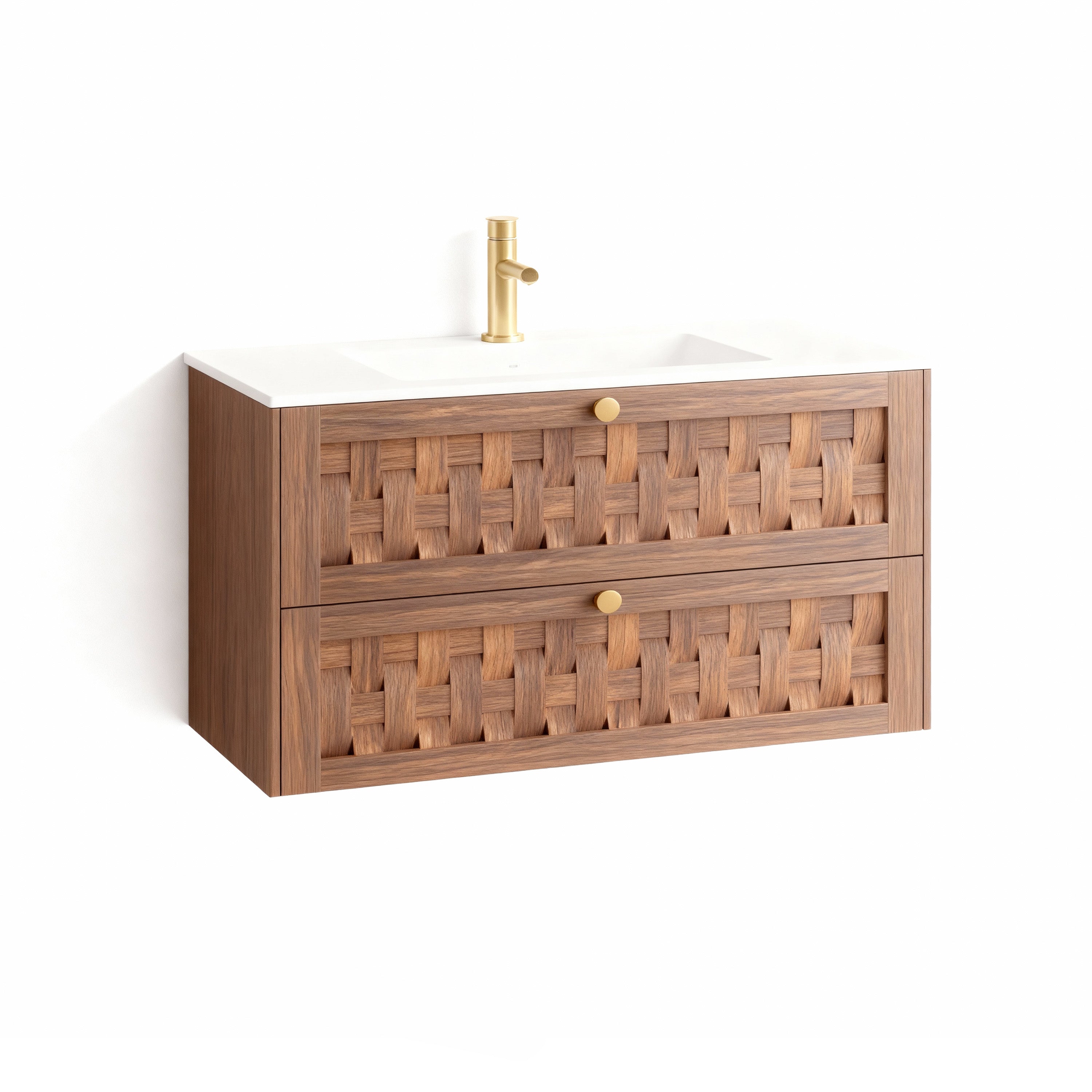 36" Walnut Wall-Mount Single Sink Bathroom Vanity with Matte White Solid Surface Countertop