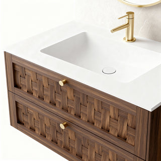 Meuble-lavabo mural en noyer de 36 po avec comptoir en surface solide blanc mat, collection Toulouse