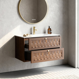 Meuble-lavabo mural en noyer de 36 po avec comptoir en surface solide blanc mat, collection Toulouse