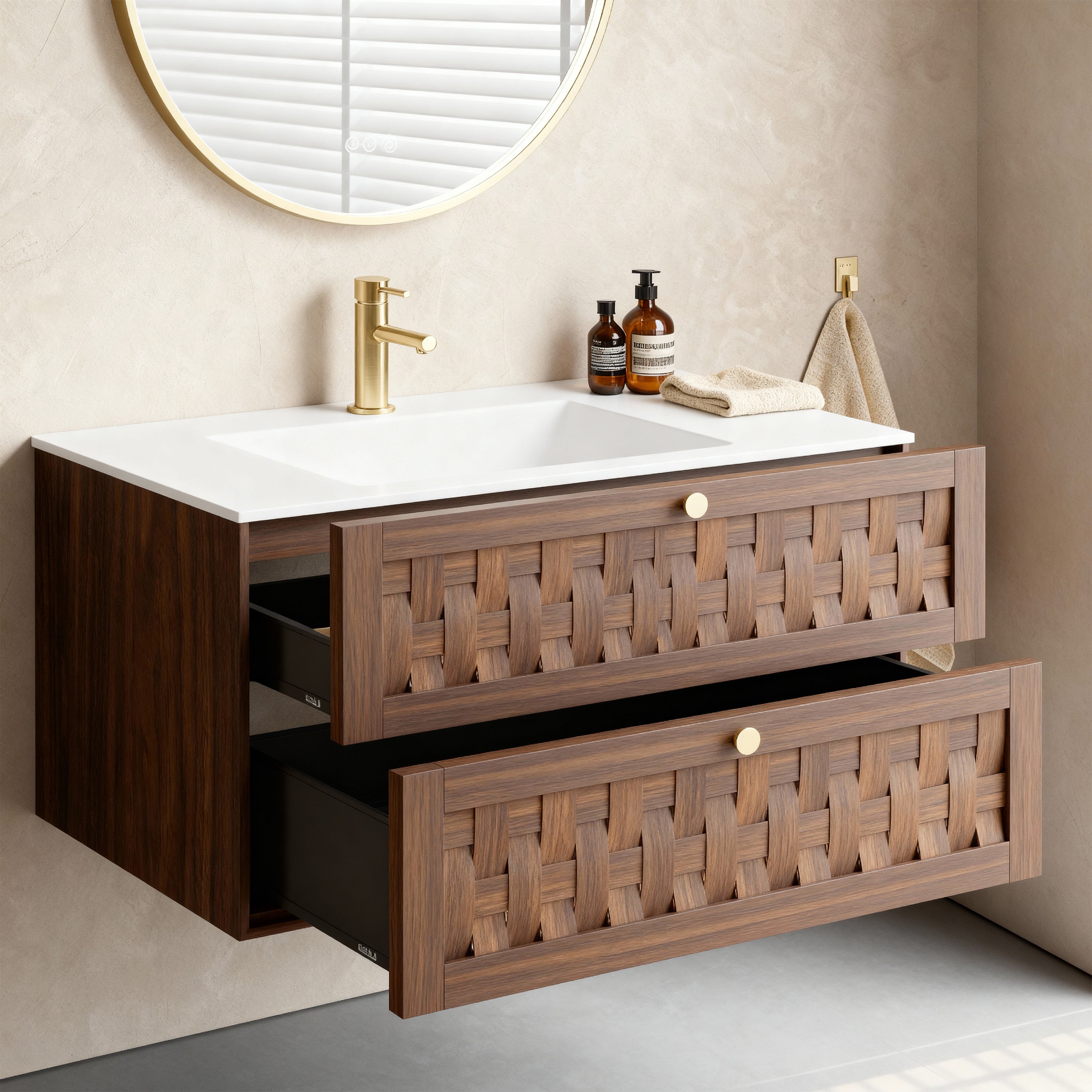 36" Walnut Wall-Mount Single Sink Bathroom Vanity with Matte White Solid Surface Countertop