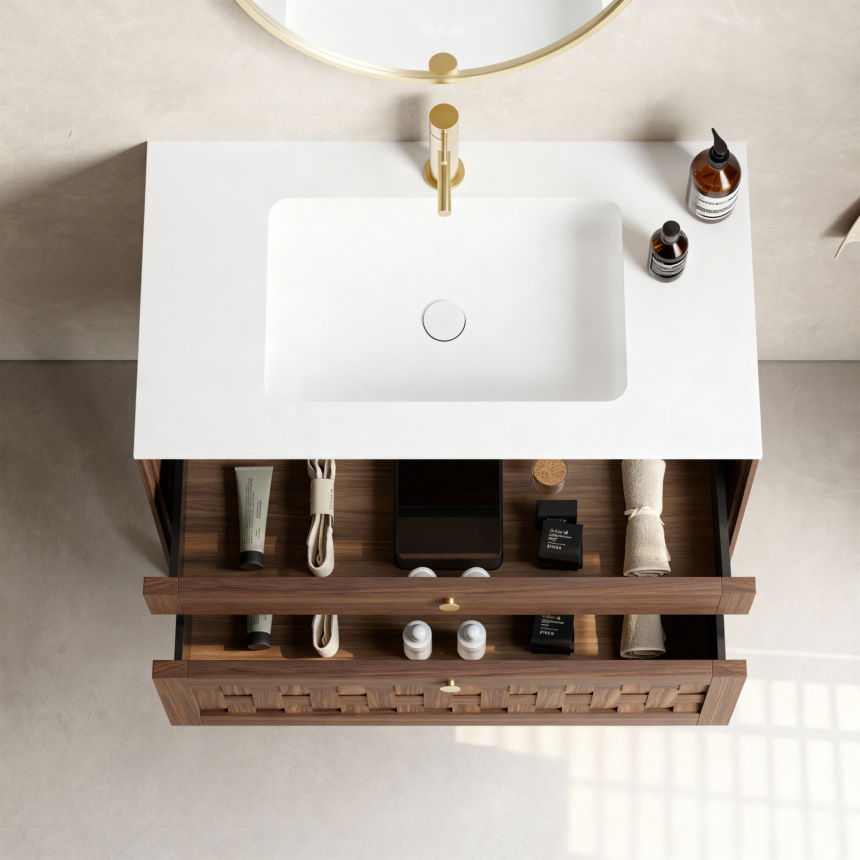 36" Walnut Wall-Mount Single Sink Bathroom Vanity with Matte White Solid Surface Countertop