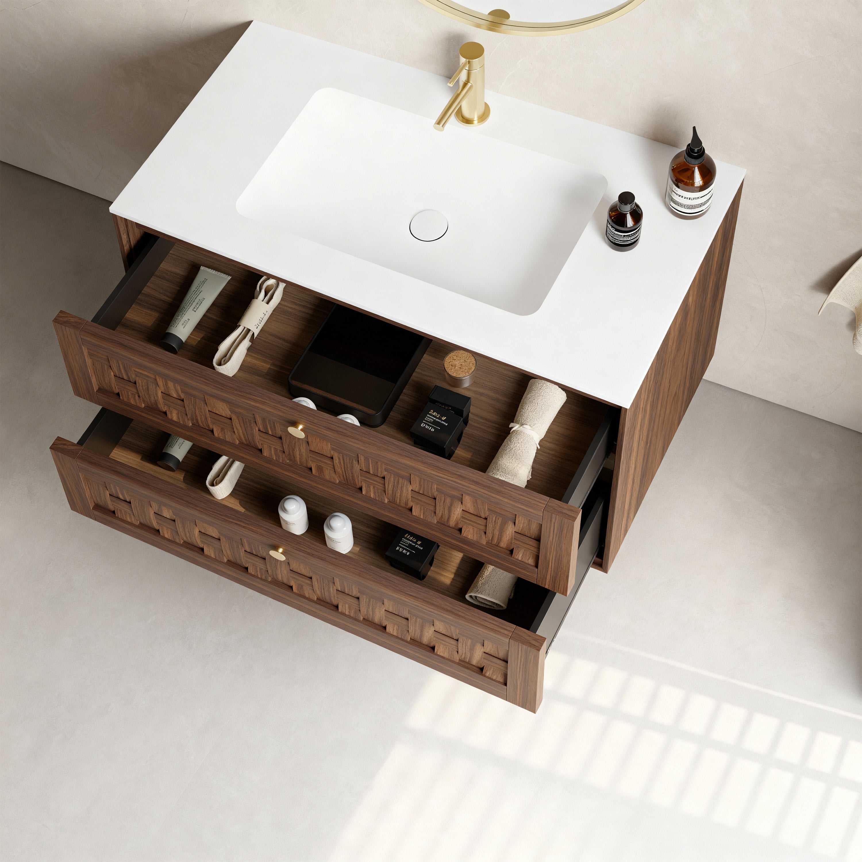 36" Walnut Wall-Mount Single Sink Bathroom Vanity with Matte White Solid Surface Countertop