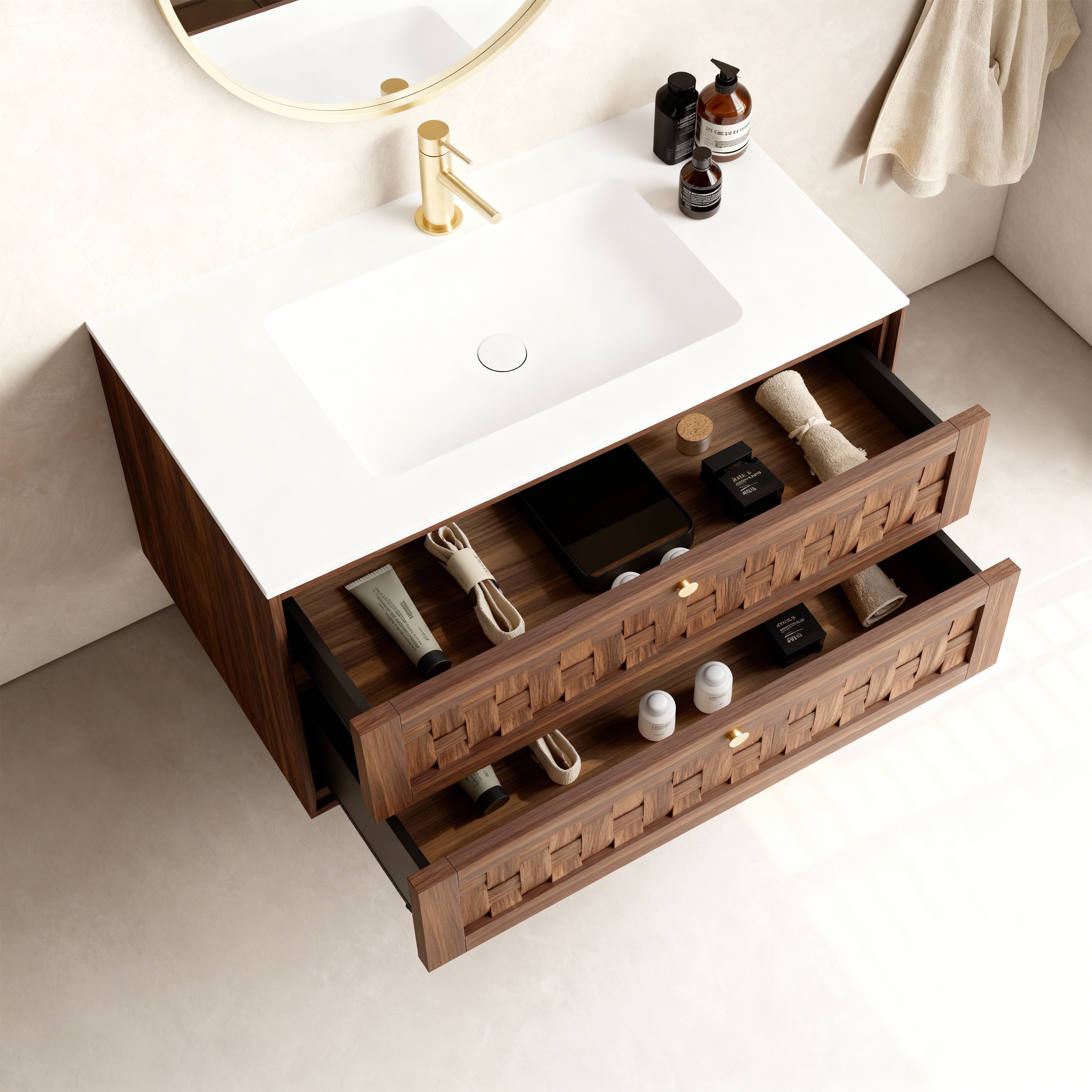 36" Walnut Wall-Mount Single Sink Bathroom Vanity with Matte White Solid Surface Countertop