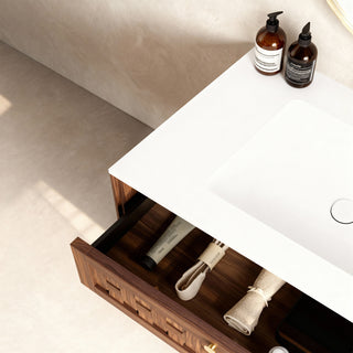 Meuble-lavabo mural en noyer de 36 po avec comptoir en surface solide blanc mat, collection Toulouse