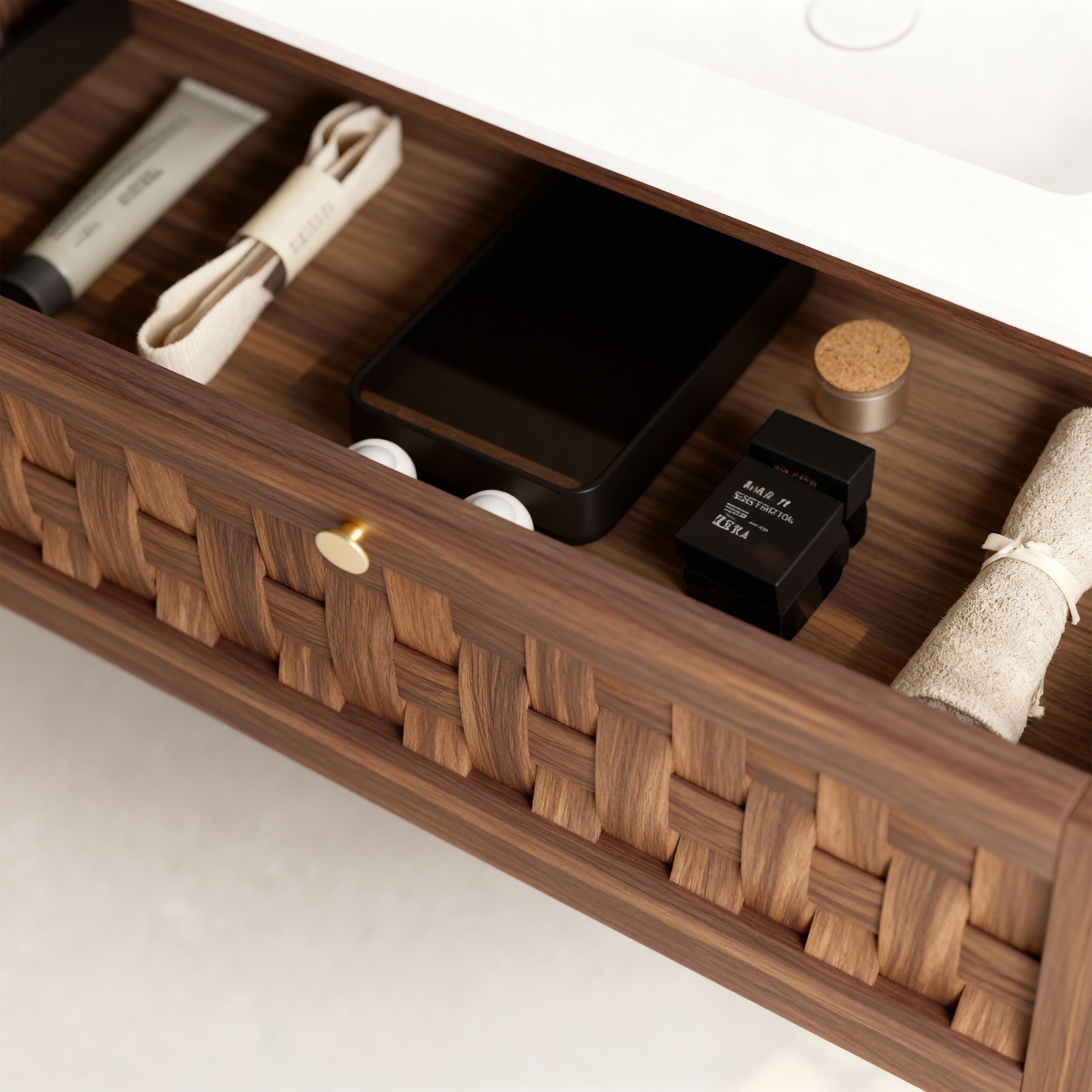 36" Walnut Wall-Mount Single Sink Bathroom Vanity with Matte White Solid Surface Countertop