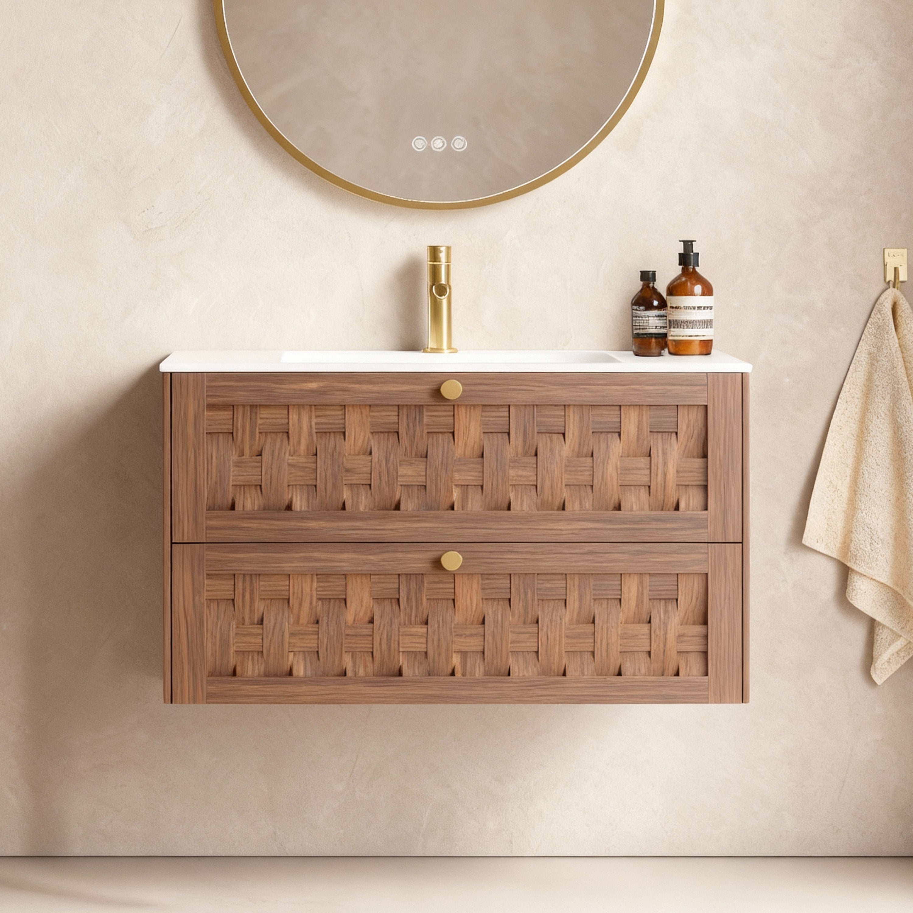 Toulouse 36" Walnut Wall Mount Vanity - Matte White Countertop