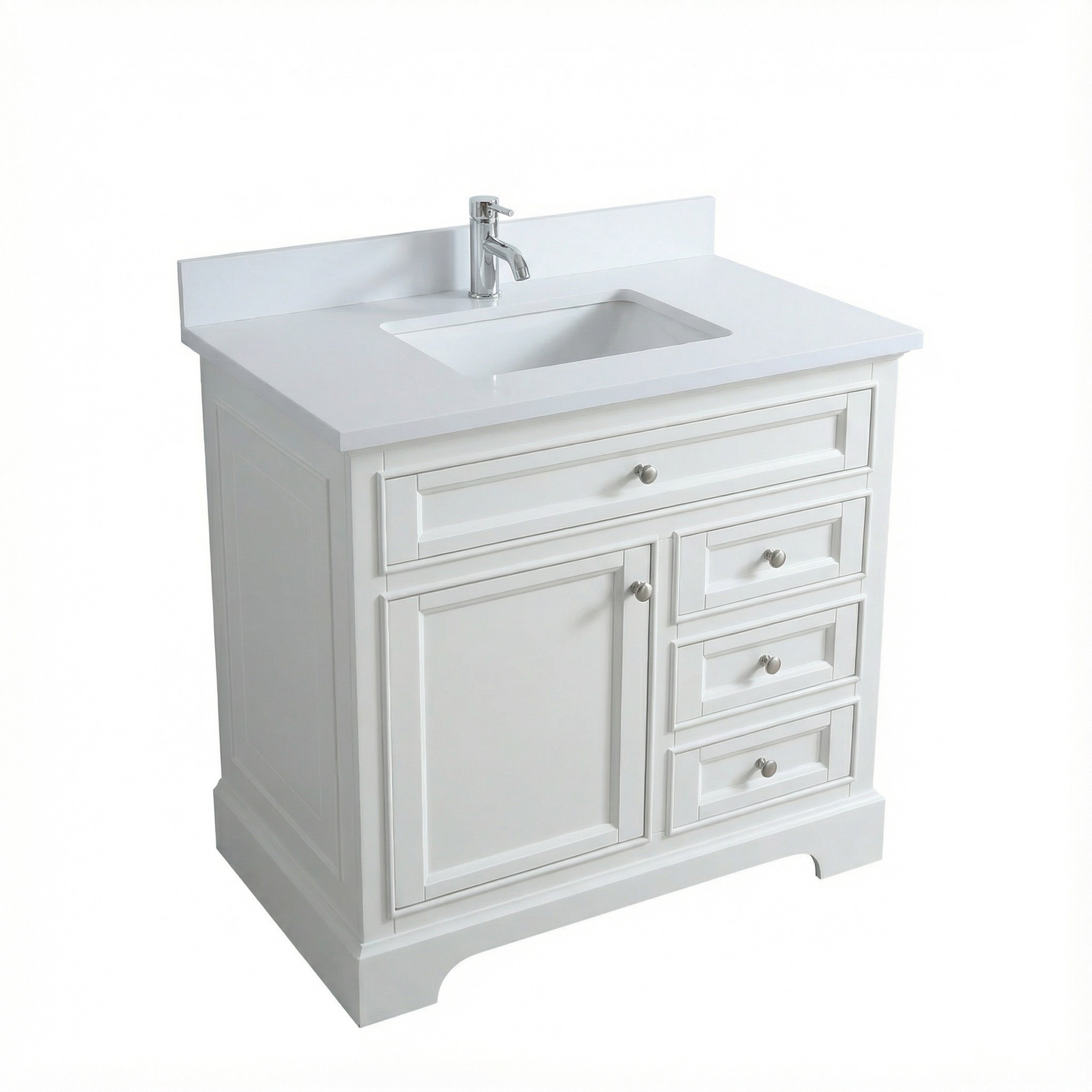 Meuble-lavabo autoportant blanc de 36 po avec comptoir en marbre blanc reconstitué