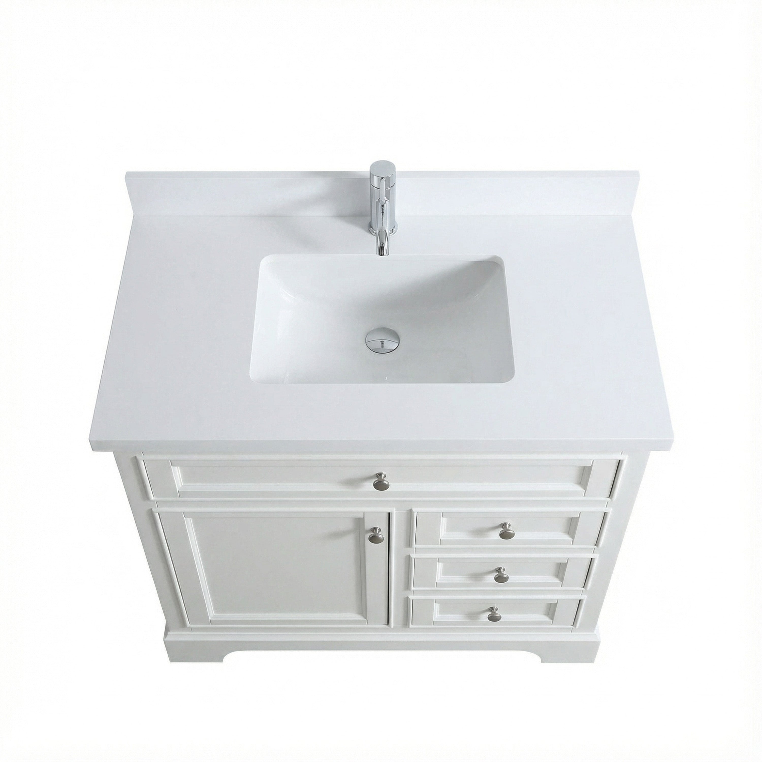 Meuble-lavabo autoportant blanc de 36 po avec comptoir en marbre blanc reconstitué