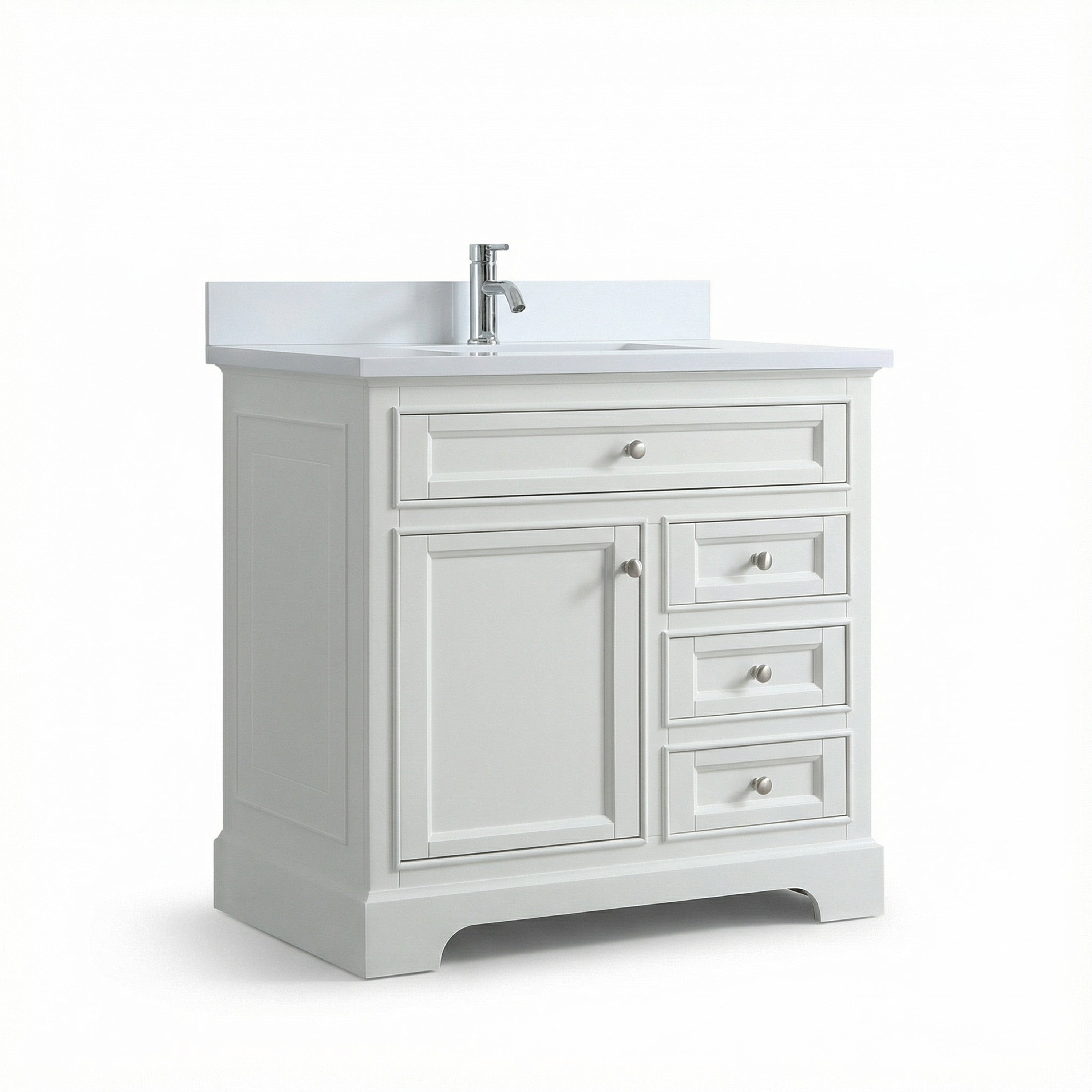 Meuble-lavabo autoportant blanc de 36 po avec comptoir en marbre blanc reconstitué