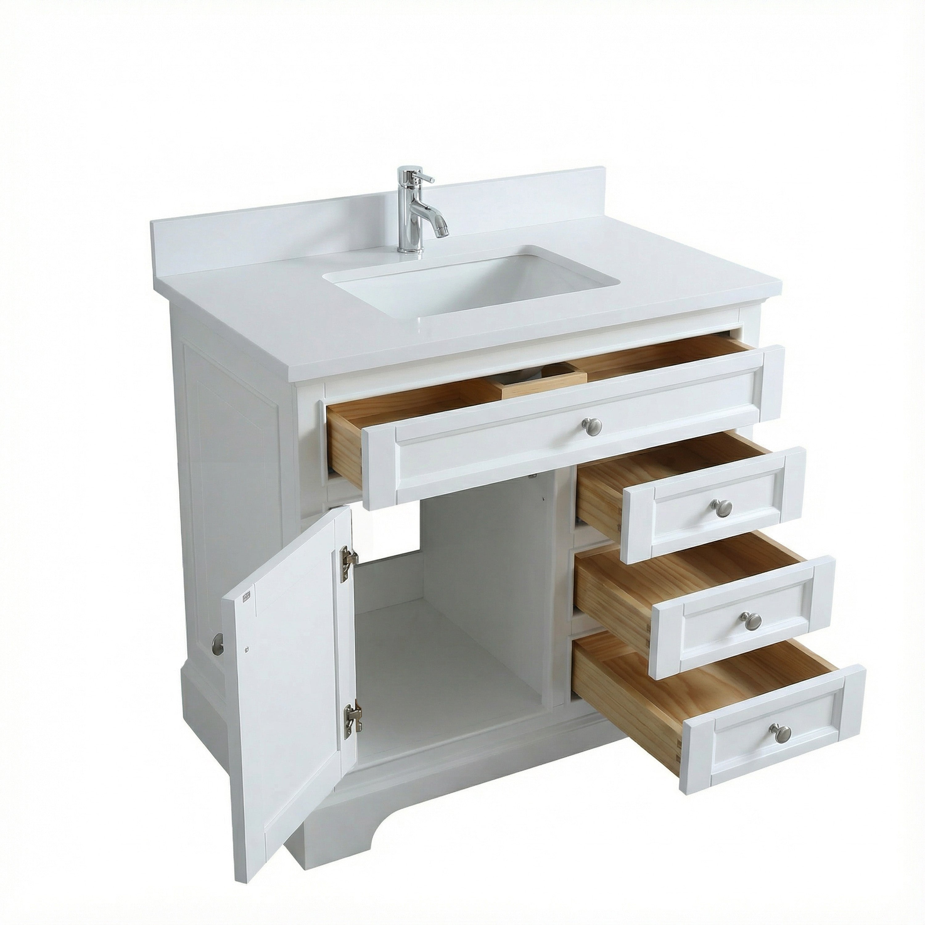 Meuble-lavabo autoportant blanc de 36 po avec comptoir en marbre blanc reconstitué