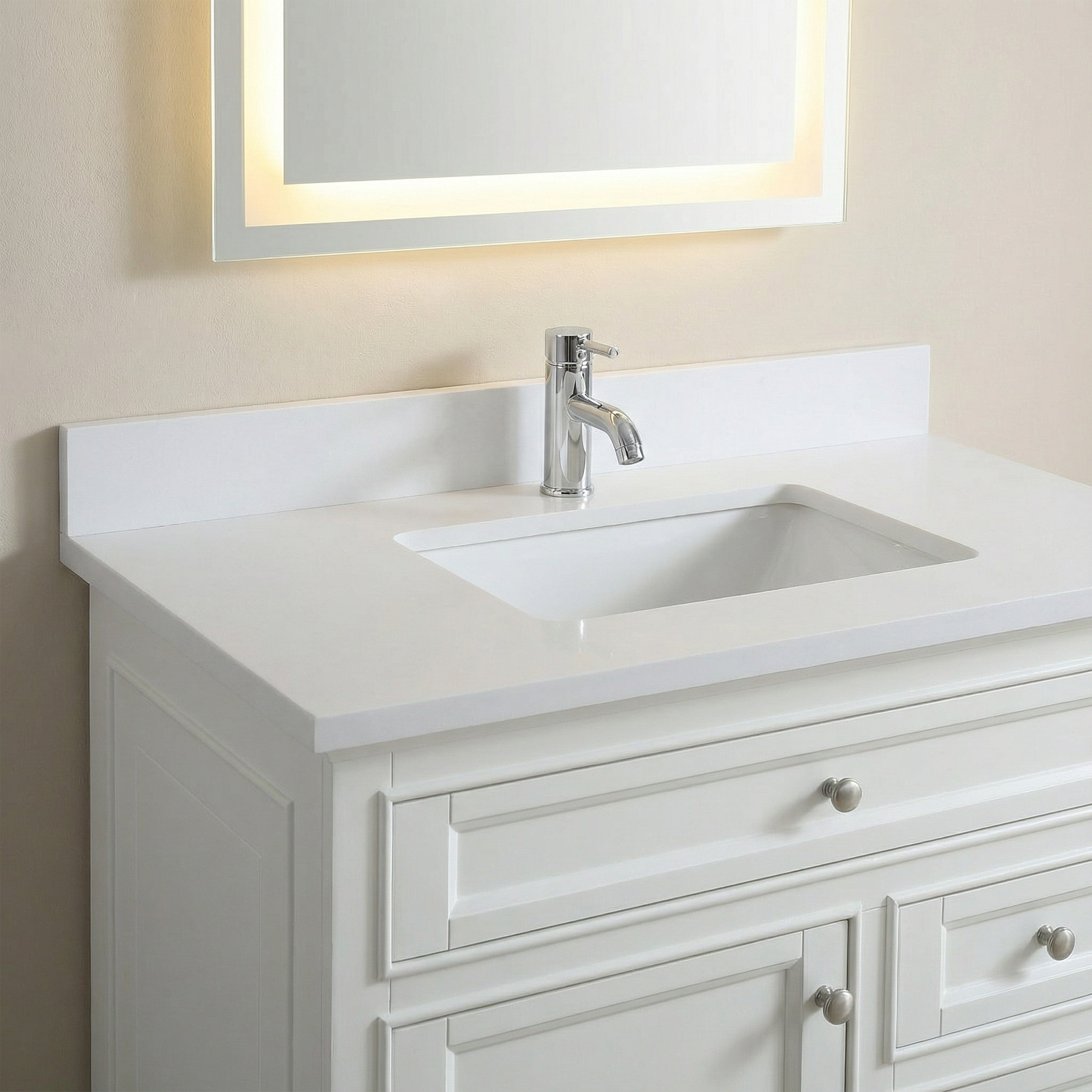 Meuble-lavabo autoportant blanc de 36 po avec comptoir en marbre blanc reconstitué