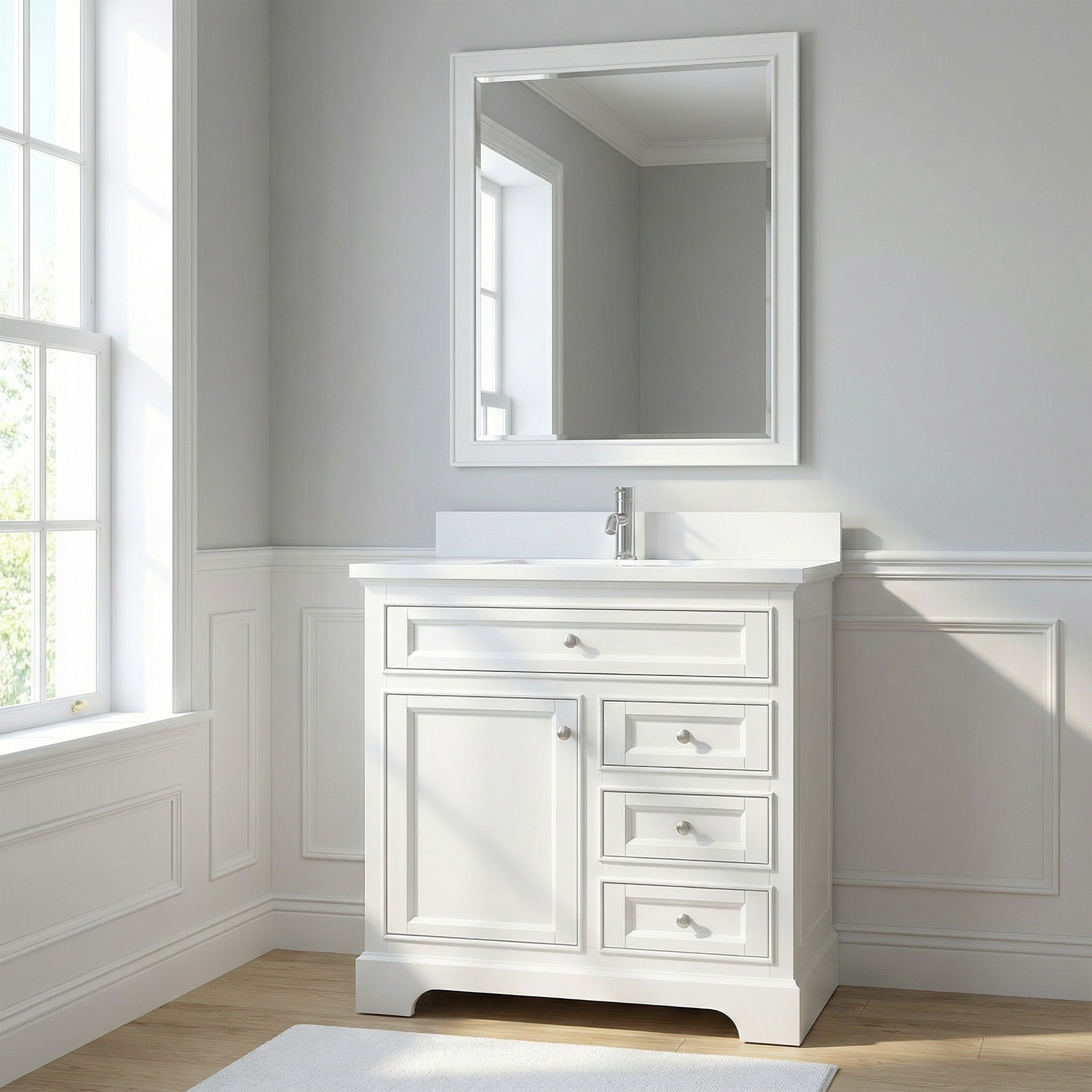 Meuble-lavabo autoportant blanc de 36 po avec comptoir en marbre blanc reconstitué