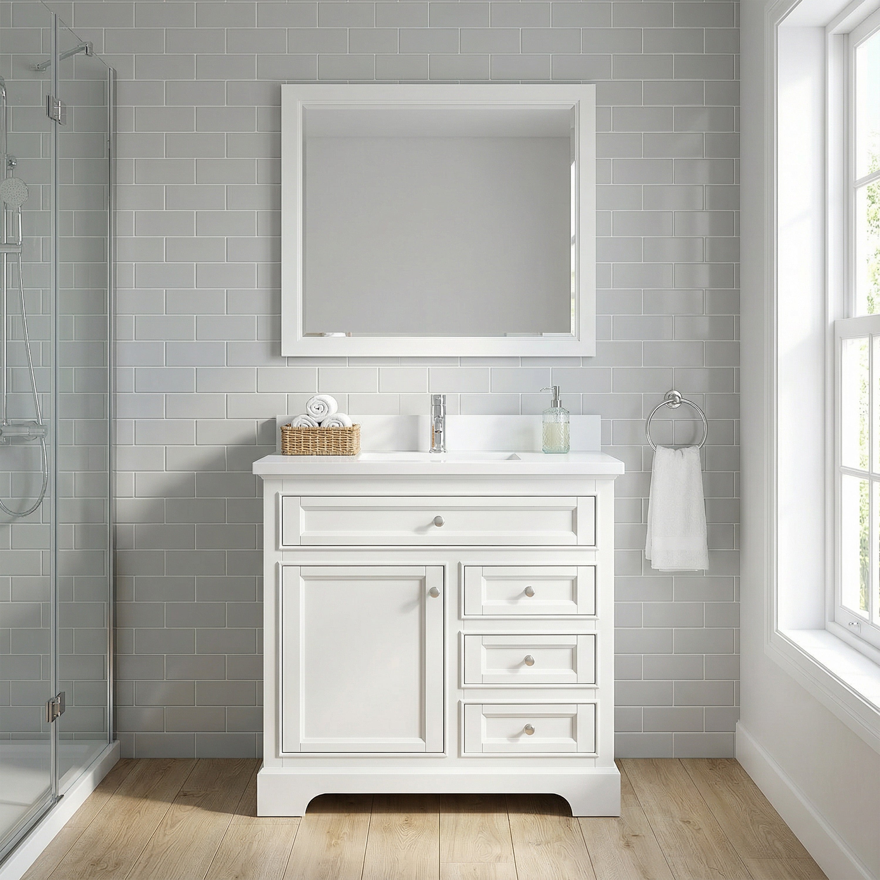 Meuble-lavabo autoportant blanc de 36 po avec comptoir en marbre blanc reconstitué