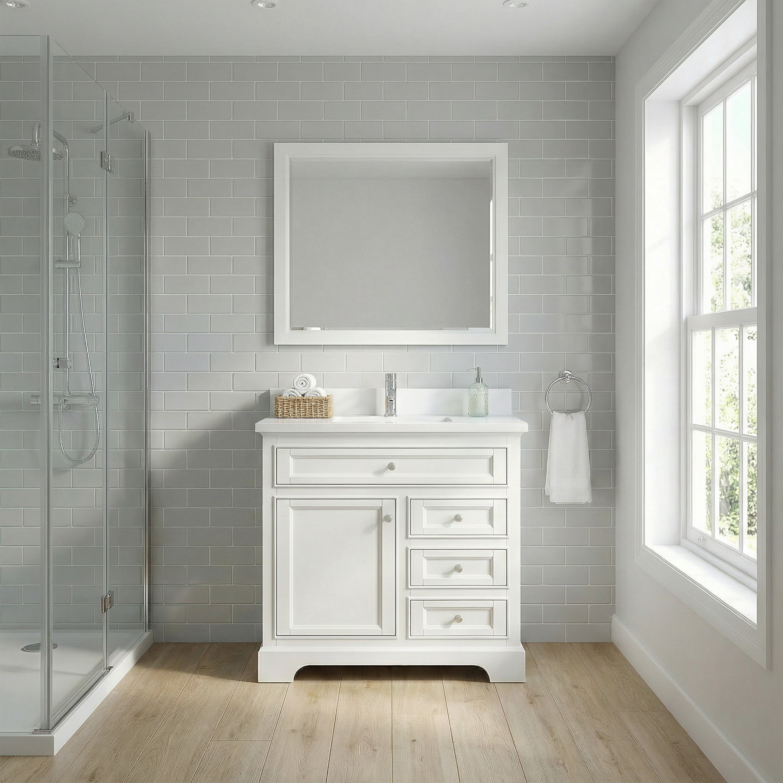 Meuble-lavabo autoportant blanc de 36 po avec comptoir en marbre blanc reconstitué