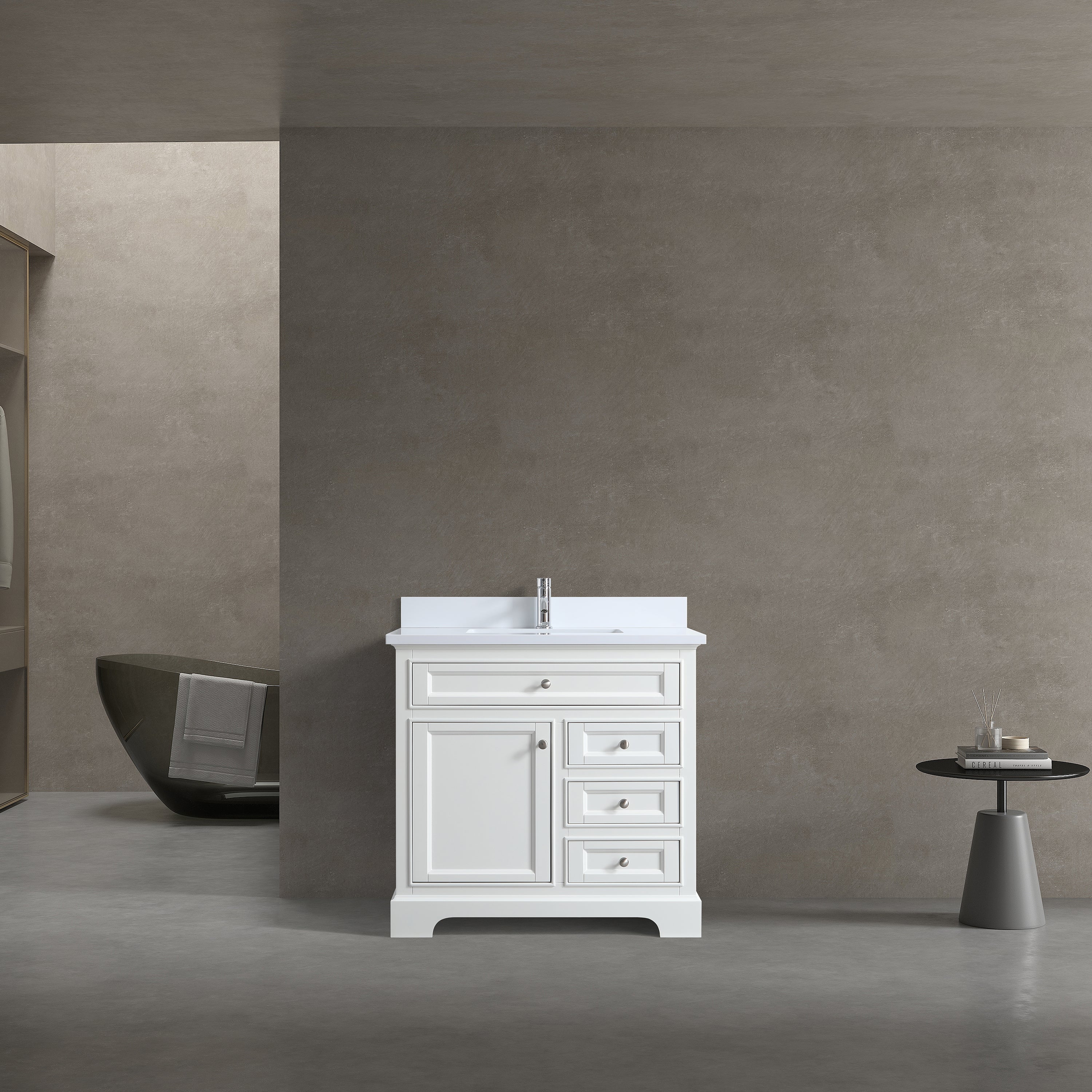 Meuble-lavabo autoportant blanc de 36 po avec comptoir en marbre blanc reconstitué