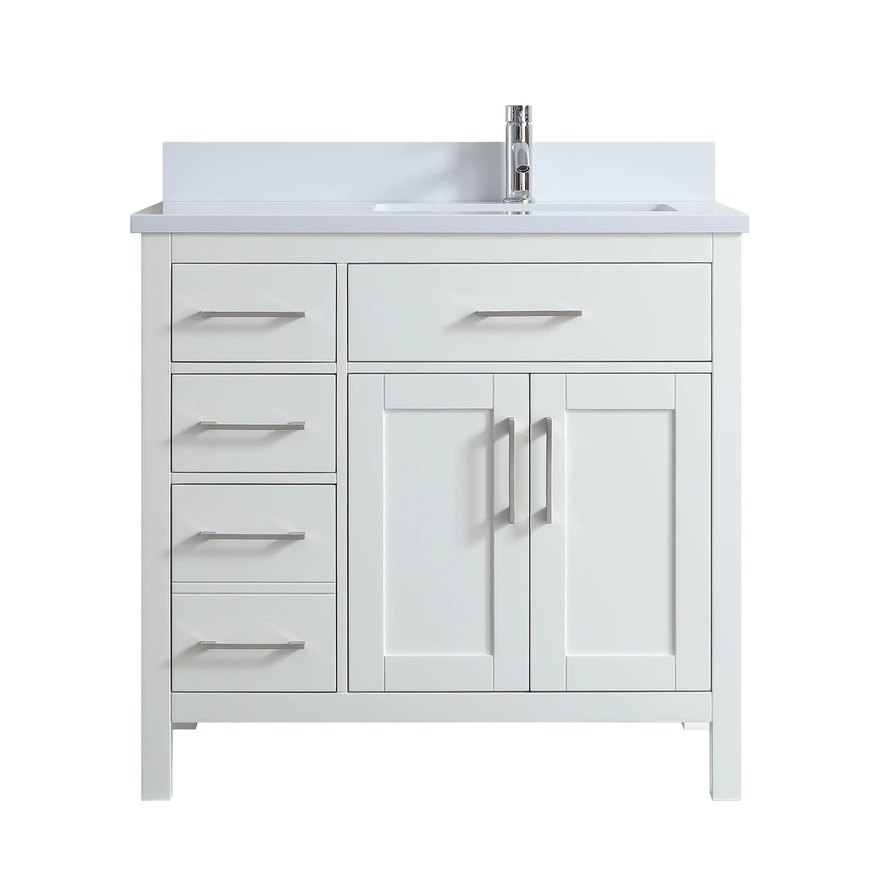 Meuble-lavabo autoportant blanc de 36 po avec comptoir en marbre blanc reconstitué