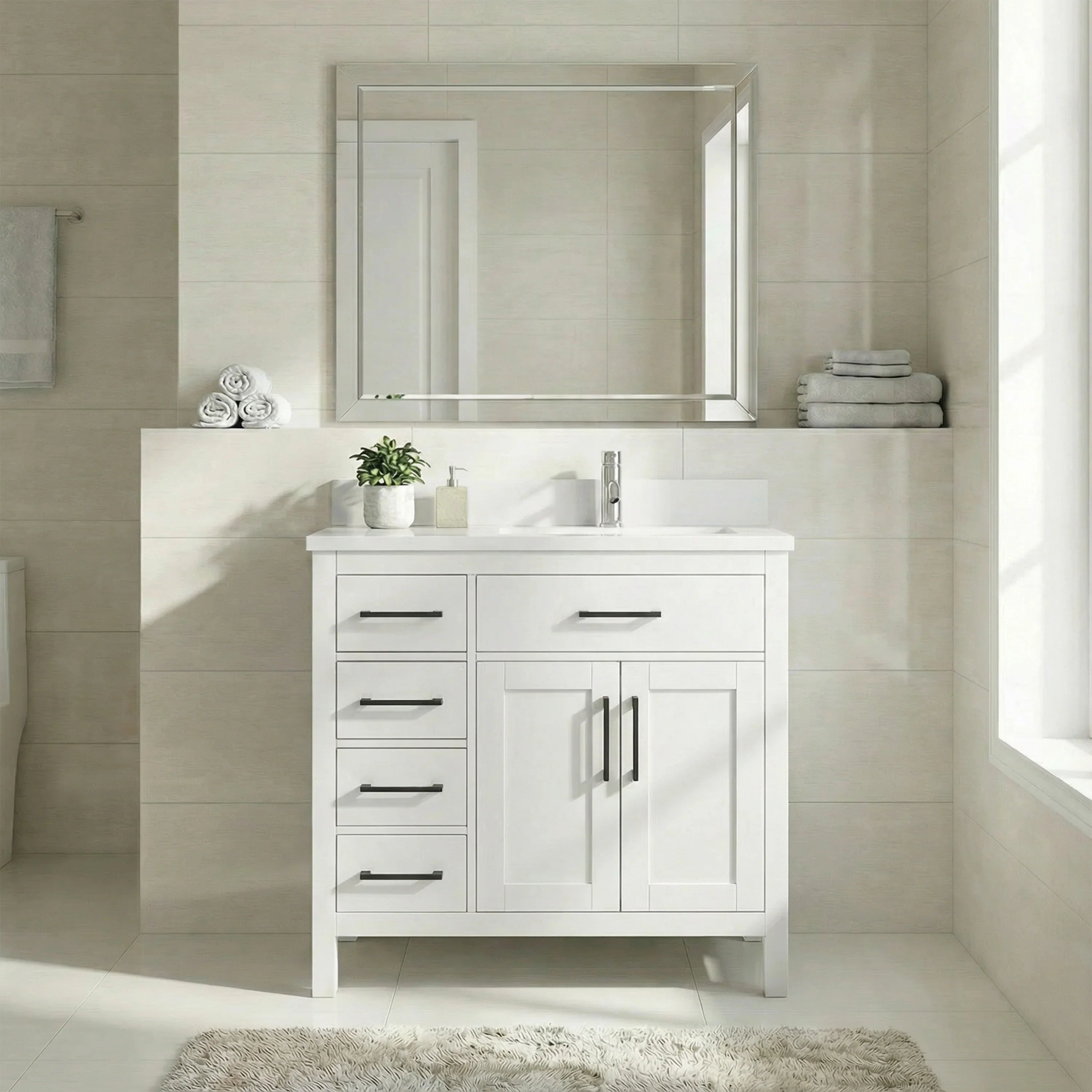 Meuble-lavabo autoportant blanc de 36 po avec comptoir en marbre blanc reconstitué